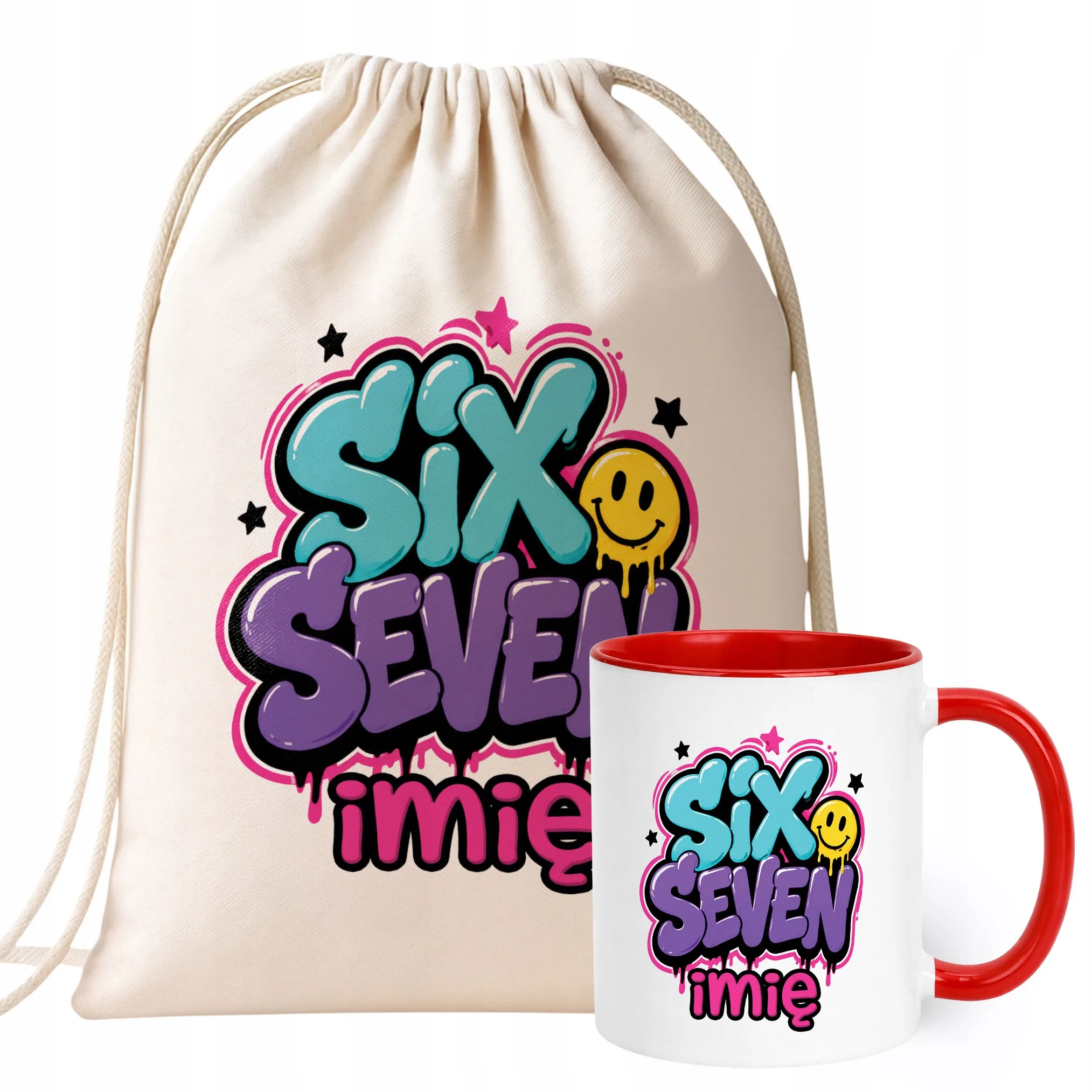 Zestaw Personalizowany Plecak Worek Kubek Czerwony 67 Six Seven Prezent