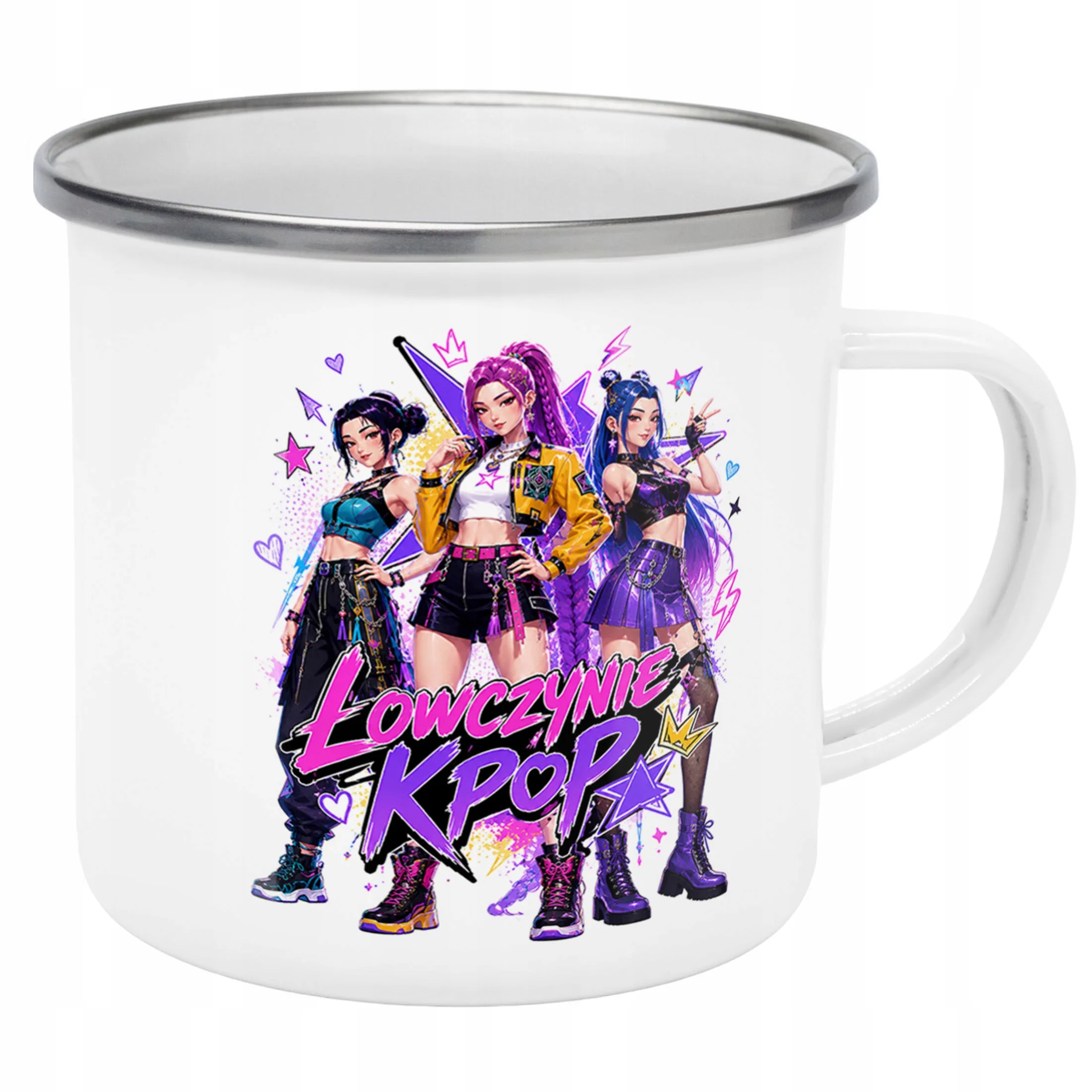 Kubek Emaliowany ŁOWCZYNIE KPOP z Nadrukiem Biały Metalowy Prezent