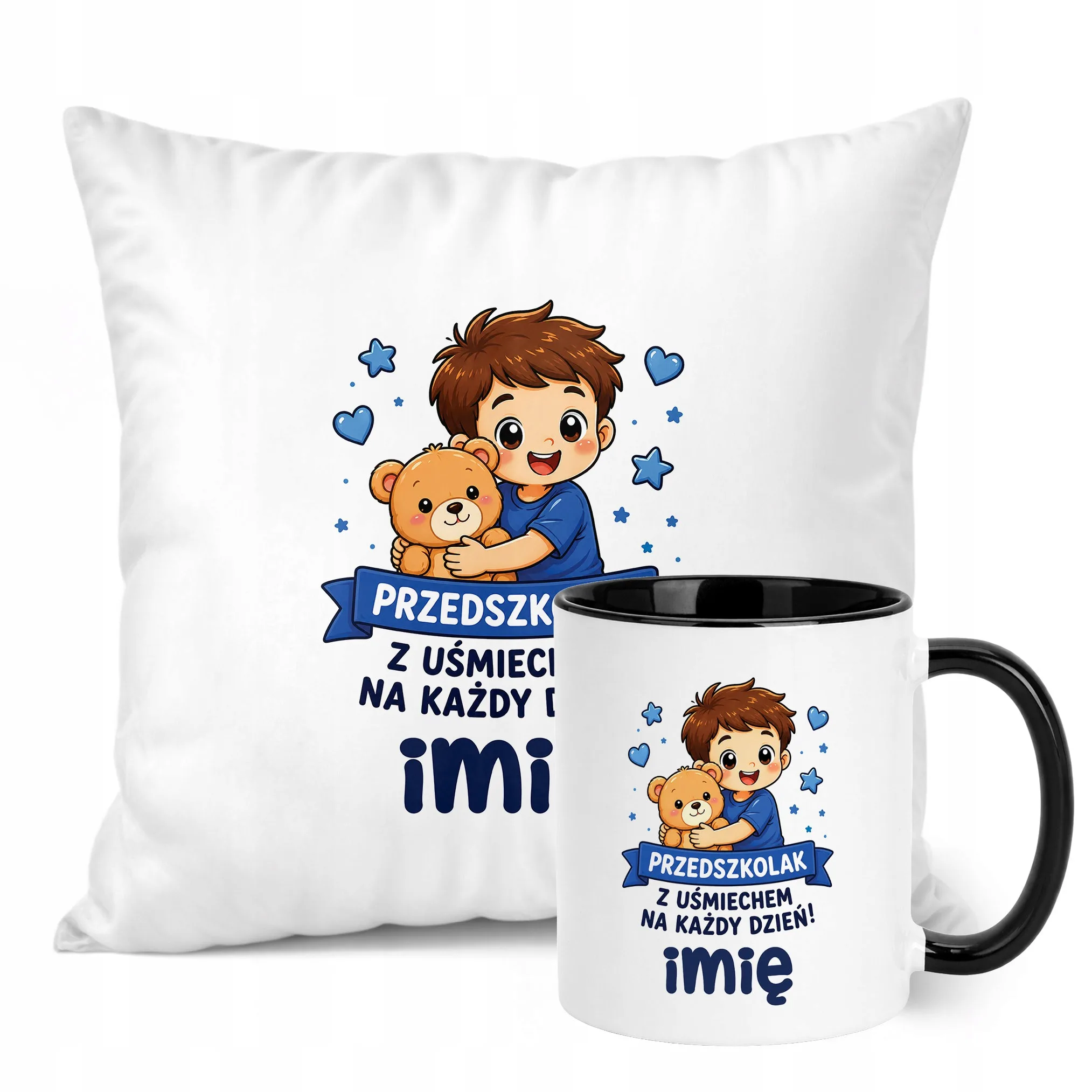 Zestaw Personalizowany Kubek Czarny Poduszka Przedszkolak Prezent