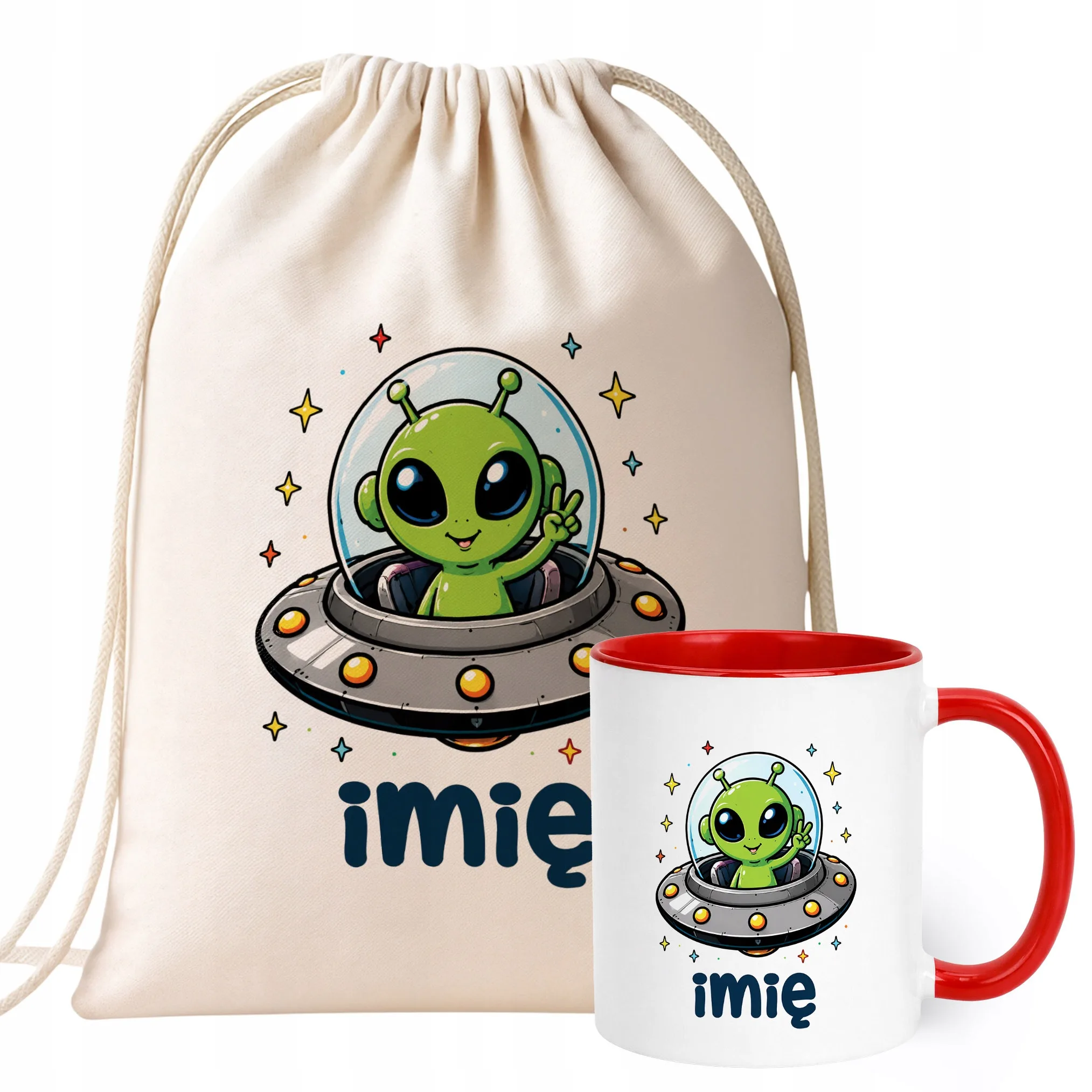 Zestaw Personalizowany Plecak Worek Kubek Czerwony Kosmita UFO Prezent