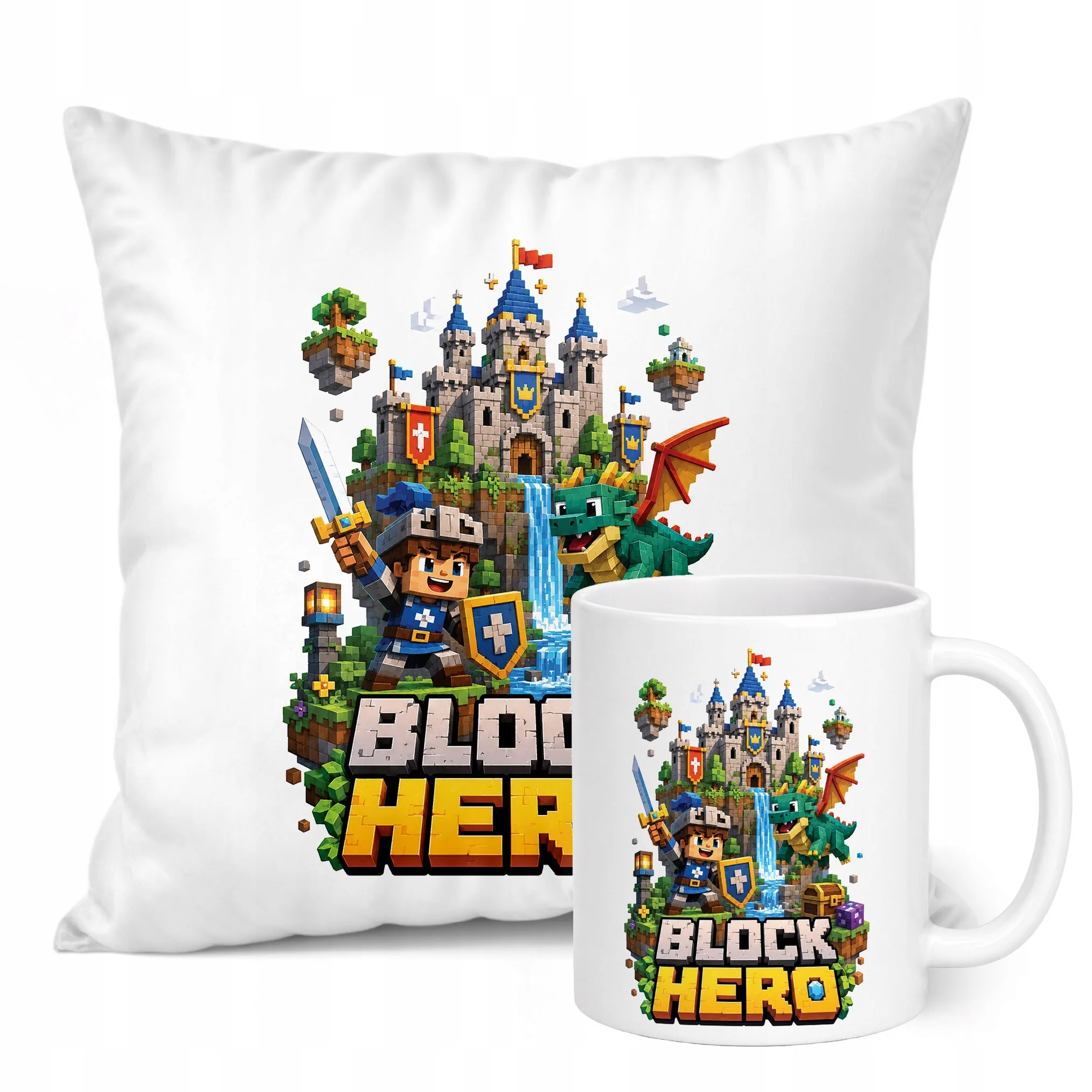 Zestaw Kubek Biały Poduszka Z Nadrukiem BLOCK HERO Gra Prezent