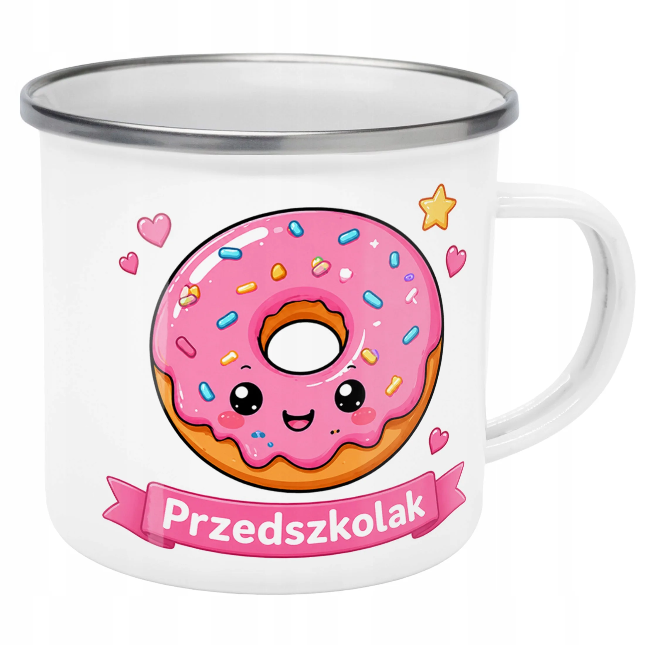 Kubek Emaliowany Przedszkolak Szkoła z Nadrukiem Biały Metalowy Prezent