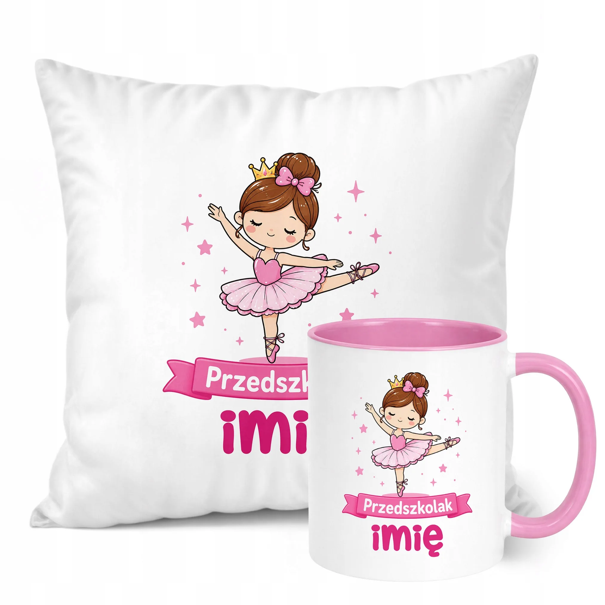 Zestaw Personalizowany Kubek Różowy Poduszka Przedszkolak Baletnica