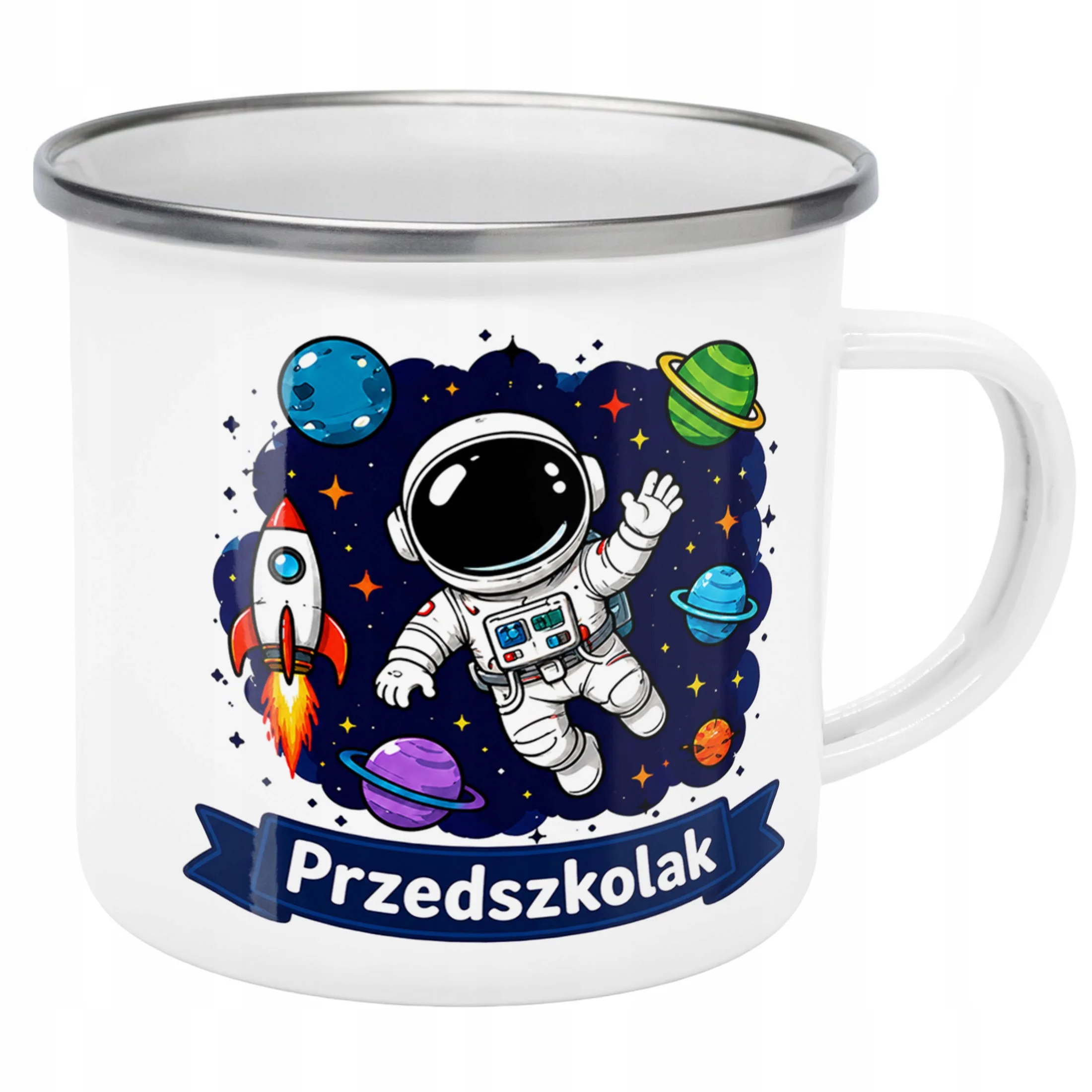 Kubek Emaliowany Przedszkolak Szkoła z Nadrukiem Biały Metalowy Prezent