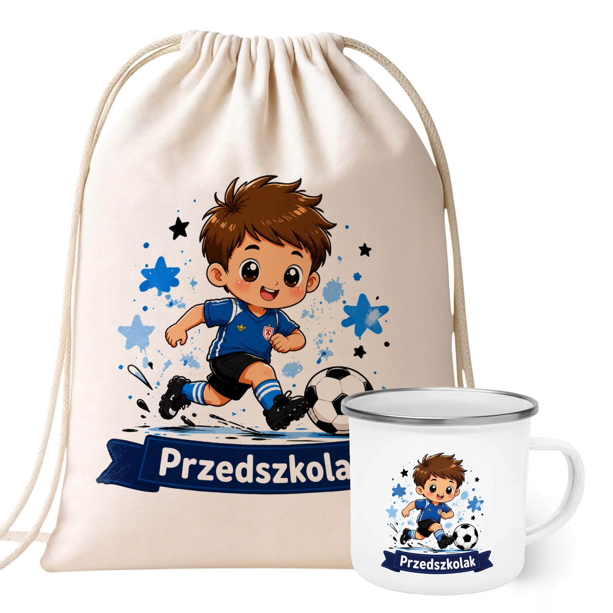 Zestaw Plecak Worek Kubek Emaliowany Z Nadrukiem Przedszkolak Szkoła