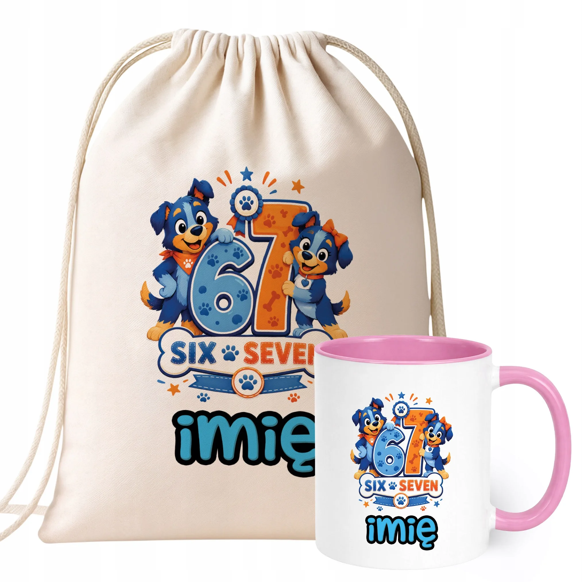 Zestaw Personalizowany Plecak Worek Kubek Różowy Pies 67 Six Seven Prezent