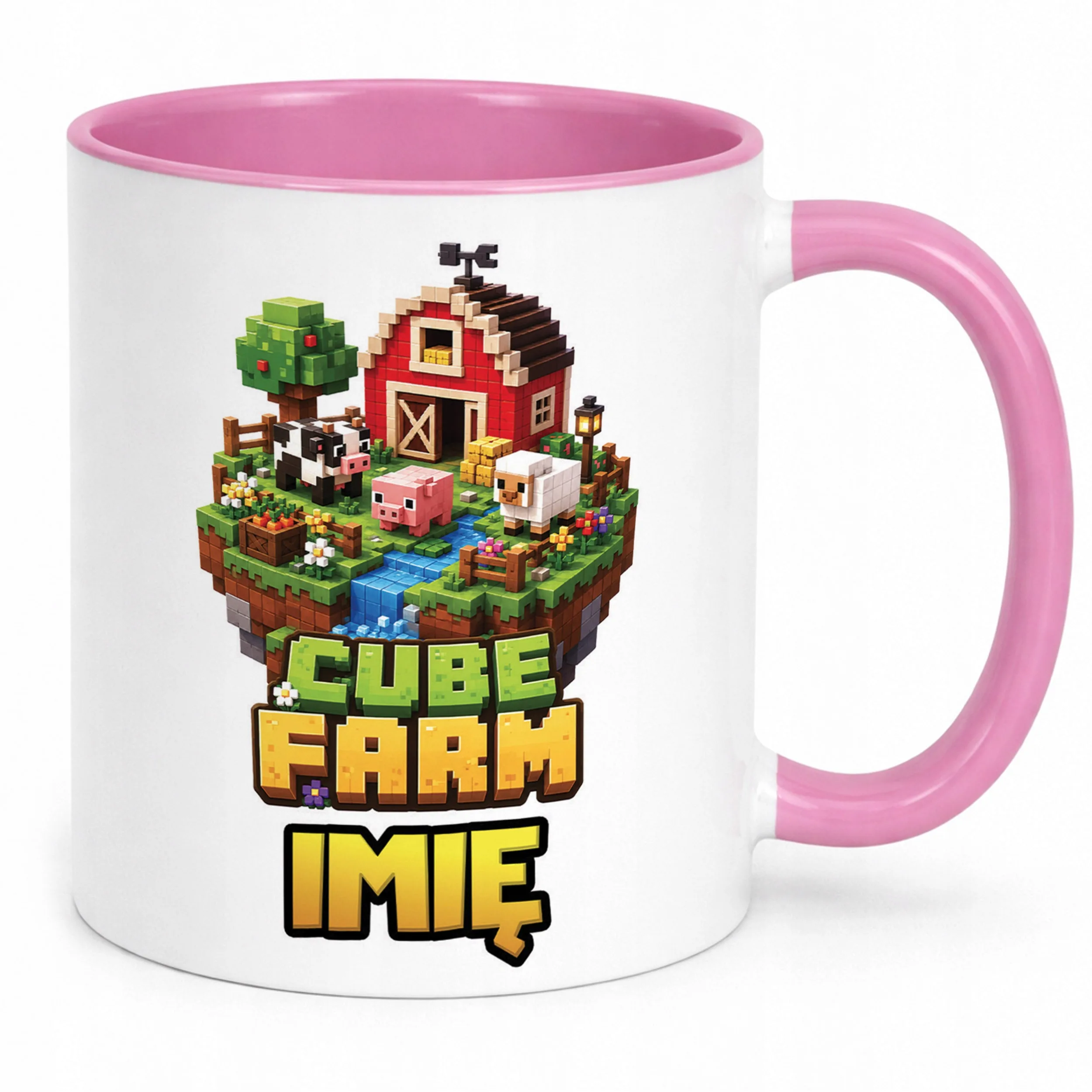 Kubek Różowy z nadrukiem personalizowany CUBE FARM Dla Dzieci Prezent