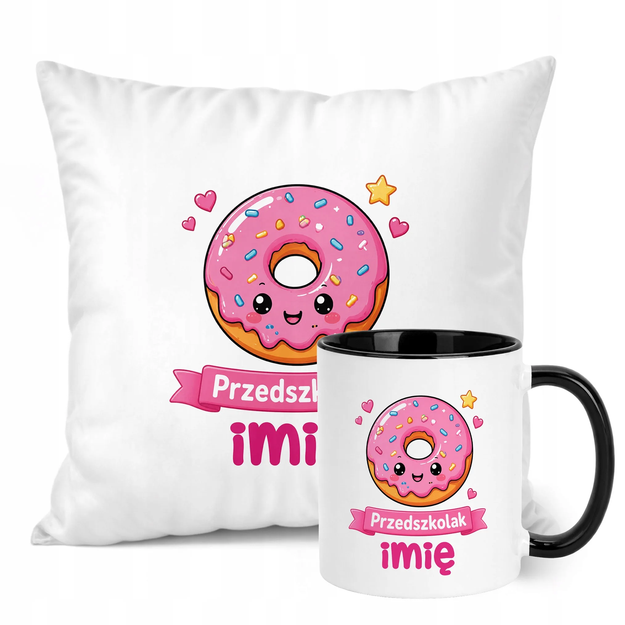 Zestaw Personalizowany Kubek Czarny Poduszka Przedszkolak Pączek