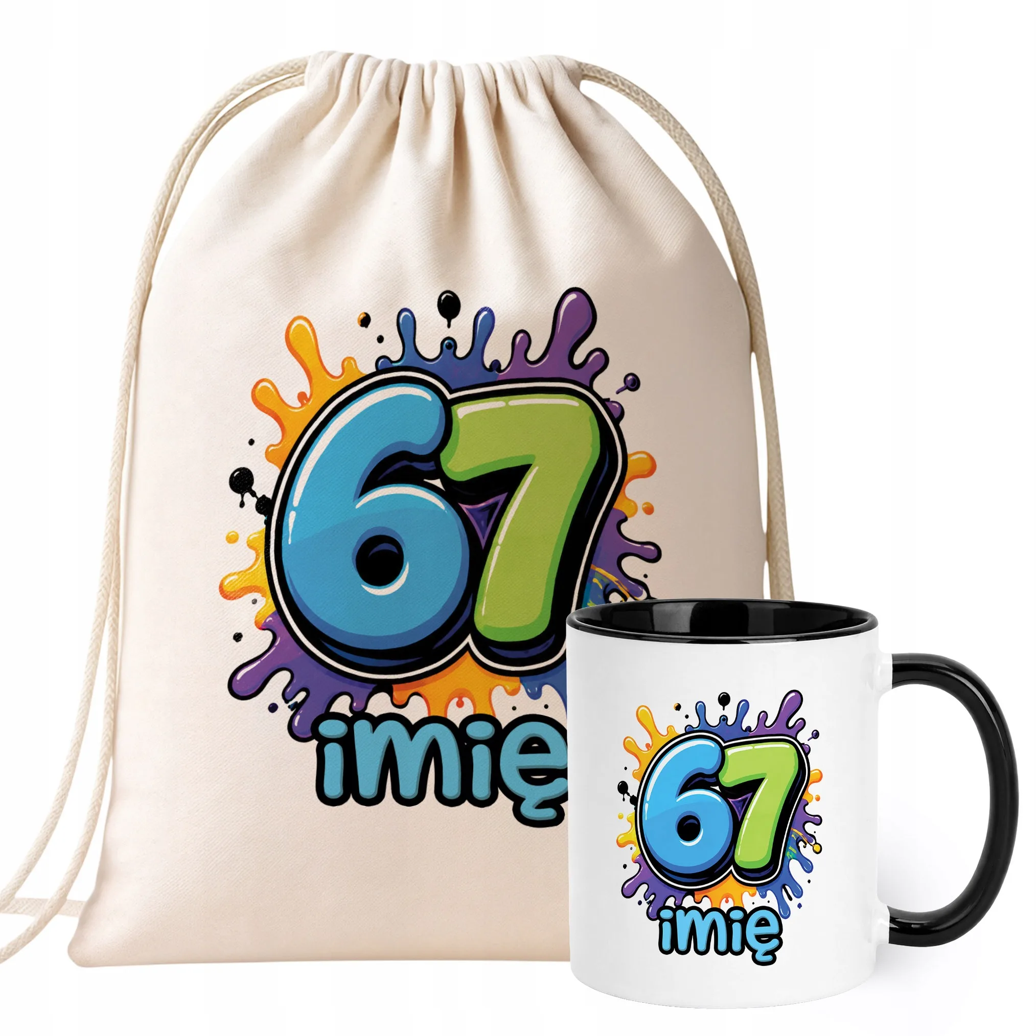 Zestaw Personalizowany Plecak Worek Kubek Czarny 67 Six Seven Prezent