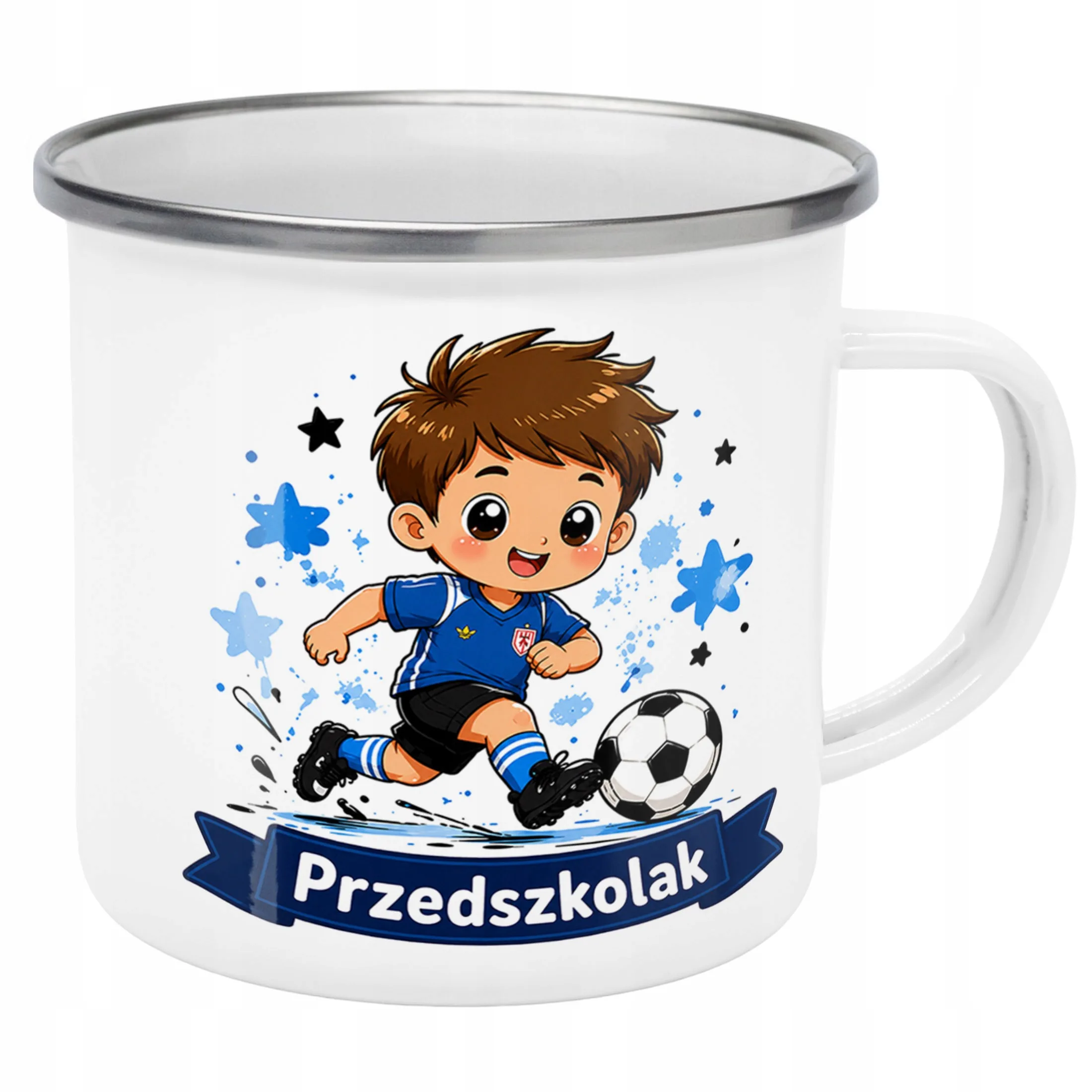 Kubek Emaliowany Przedszkolak Szkoła z Nadrukiem Biały Metalowy Prezent