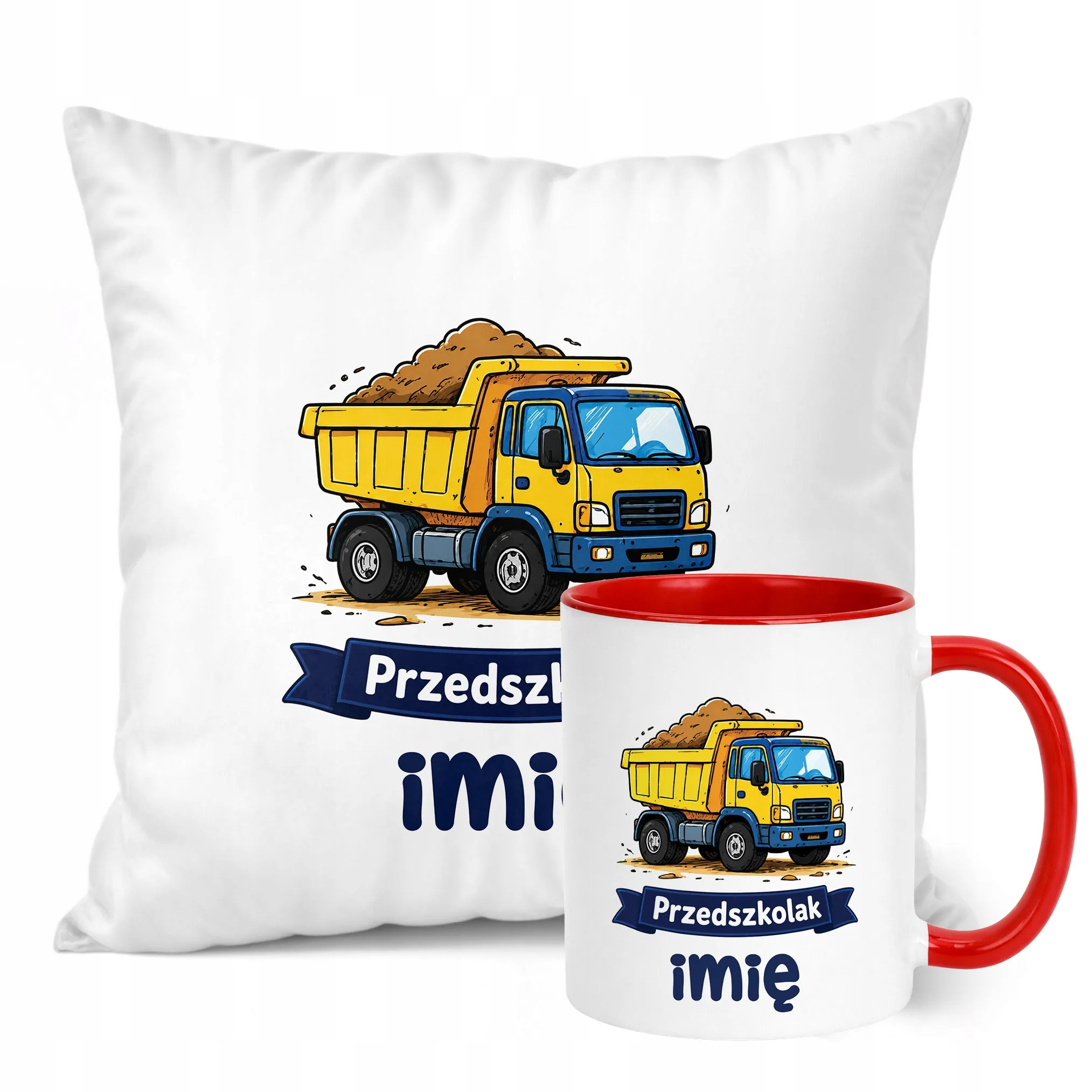 Zestaw Personalizowany Kubek Czerwony Poduszka Przedszkolak Ciężarówka