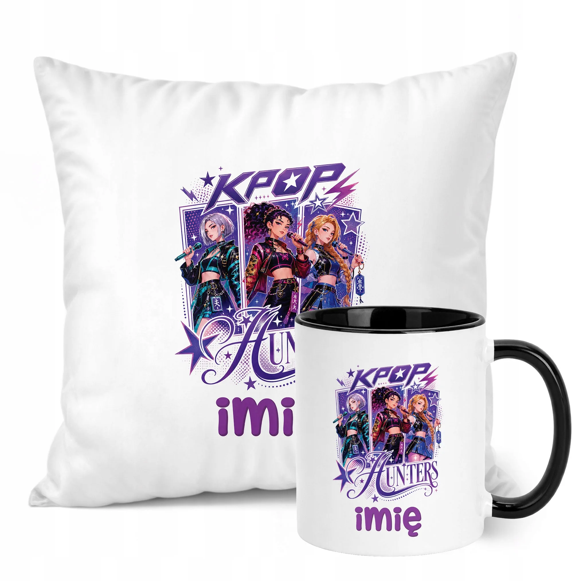 Zestaw Personalizowany Kubek Czarny Poduszka Łowczynie Kpop Prezent