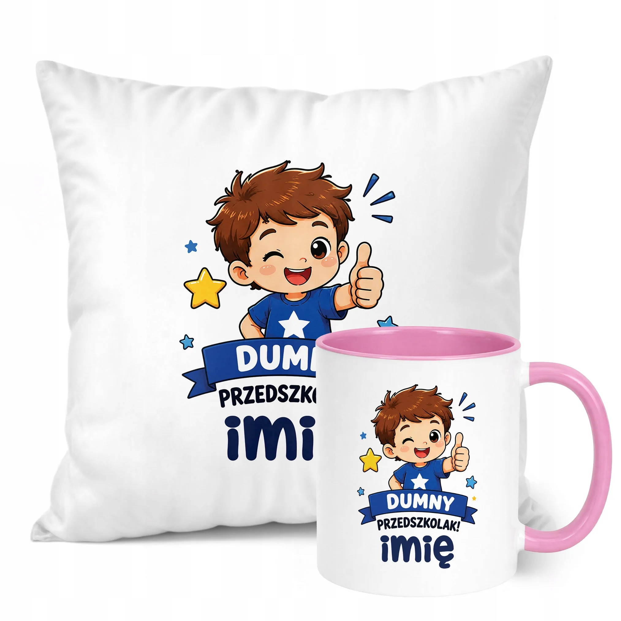 Zestaw Personalizowany Kubek Różowy Poduszka Dumny Przedszkolak