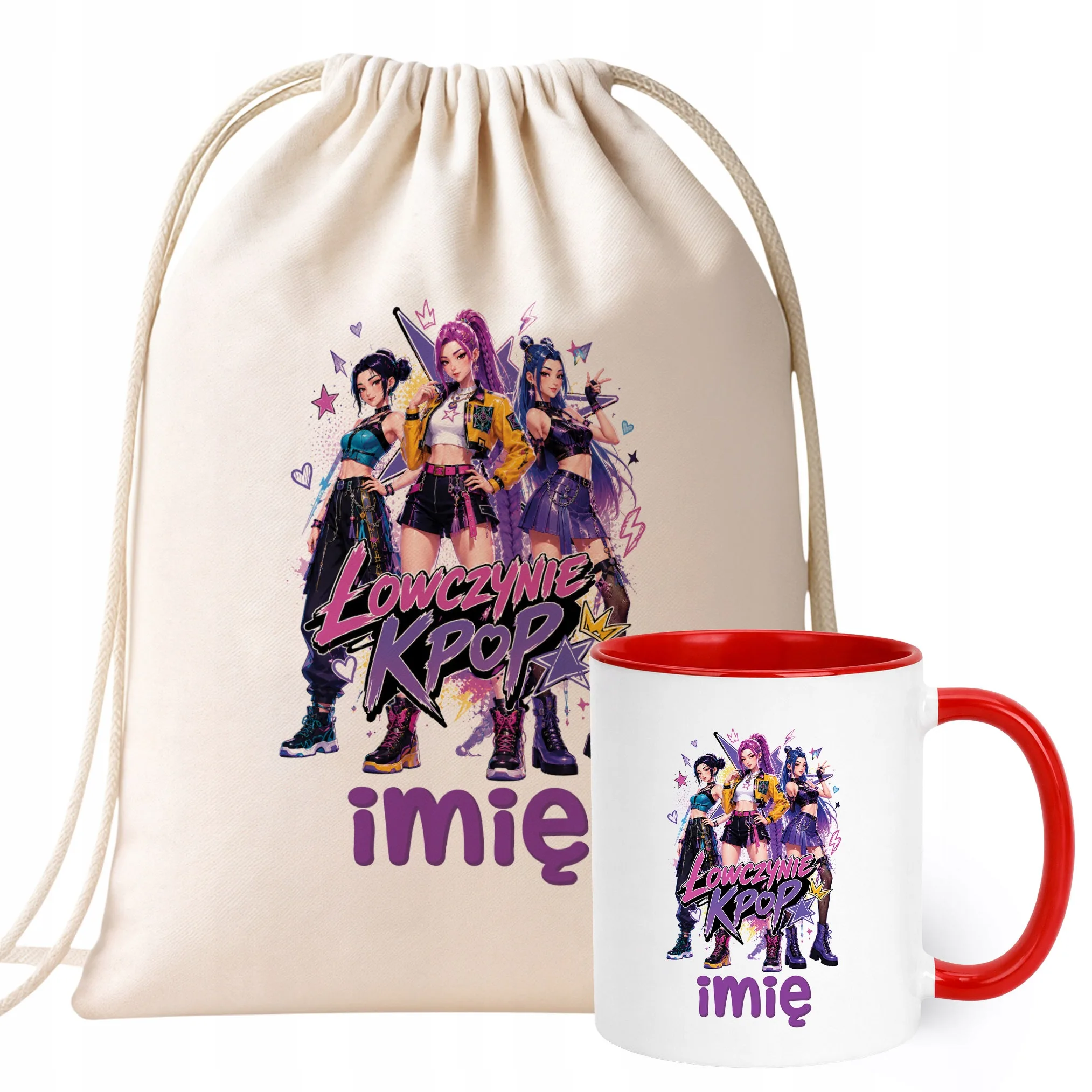 Zestaw Personalizowany Plecak Worek Kubek Czerwony Łowczynie Kpop Prezent