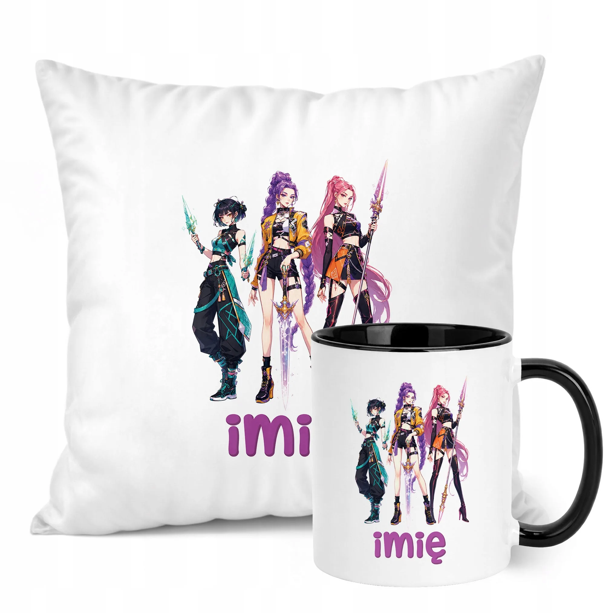 Zestaw Personalizowany Kubek Czarny Poduszka Łowczynie Kpop Prezent