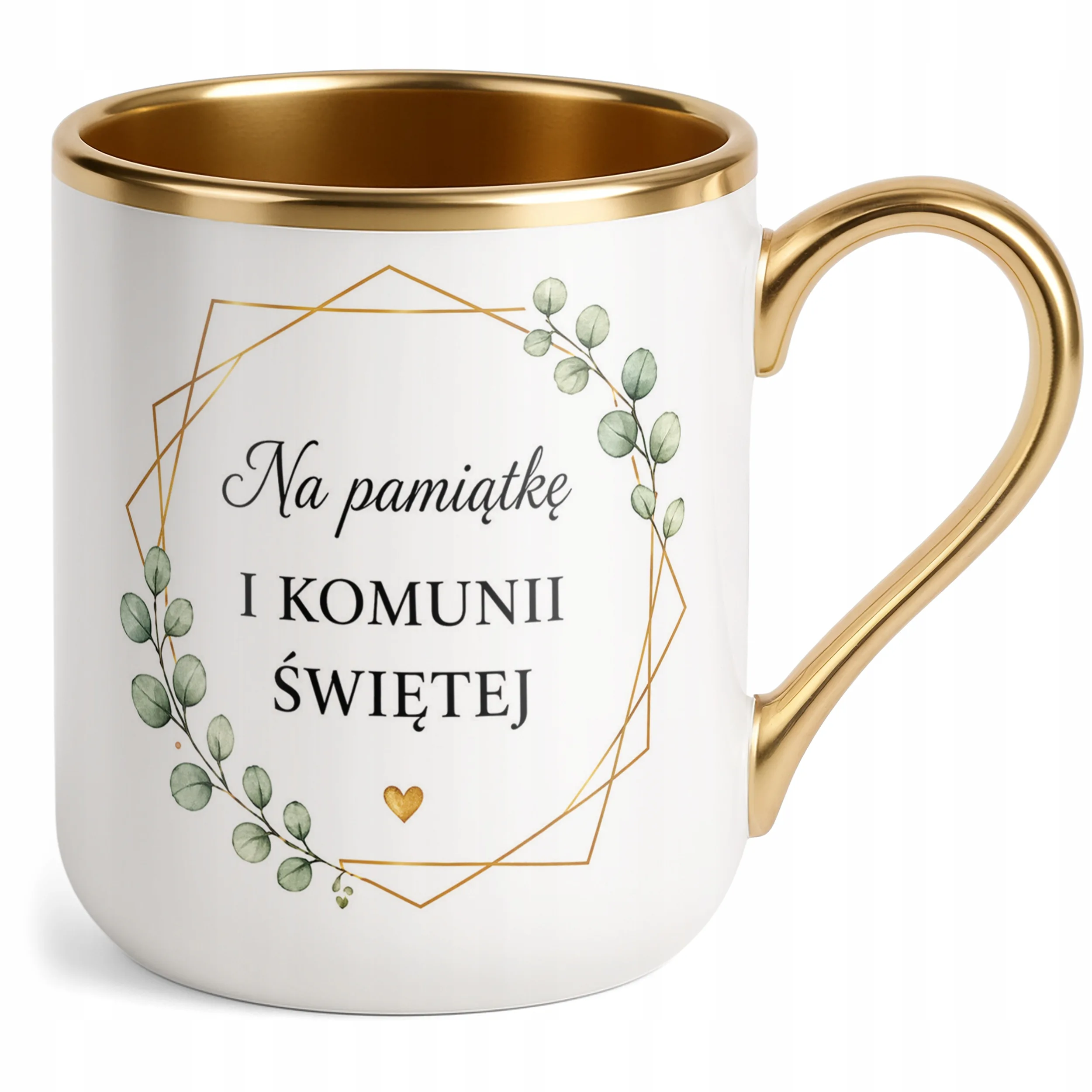 Kubek złoty na przyjęcie komunijne pamiątka dla gości Premium ceramiczny