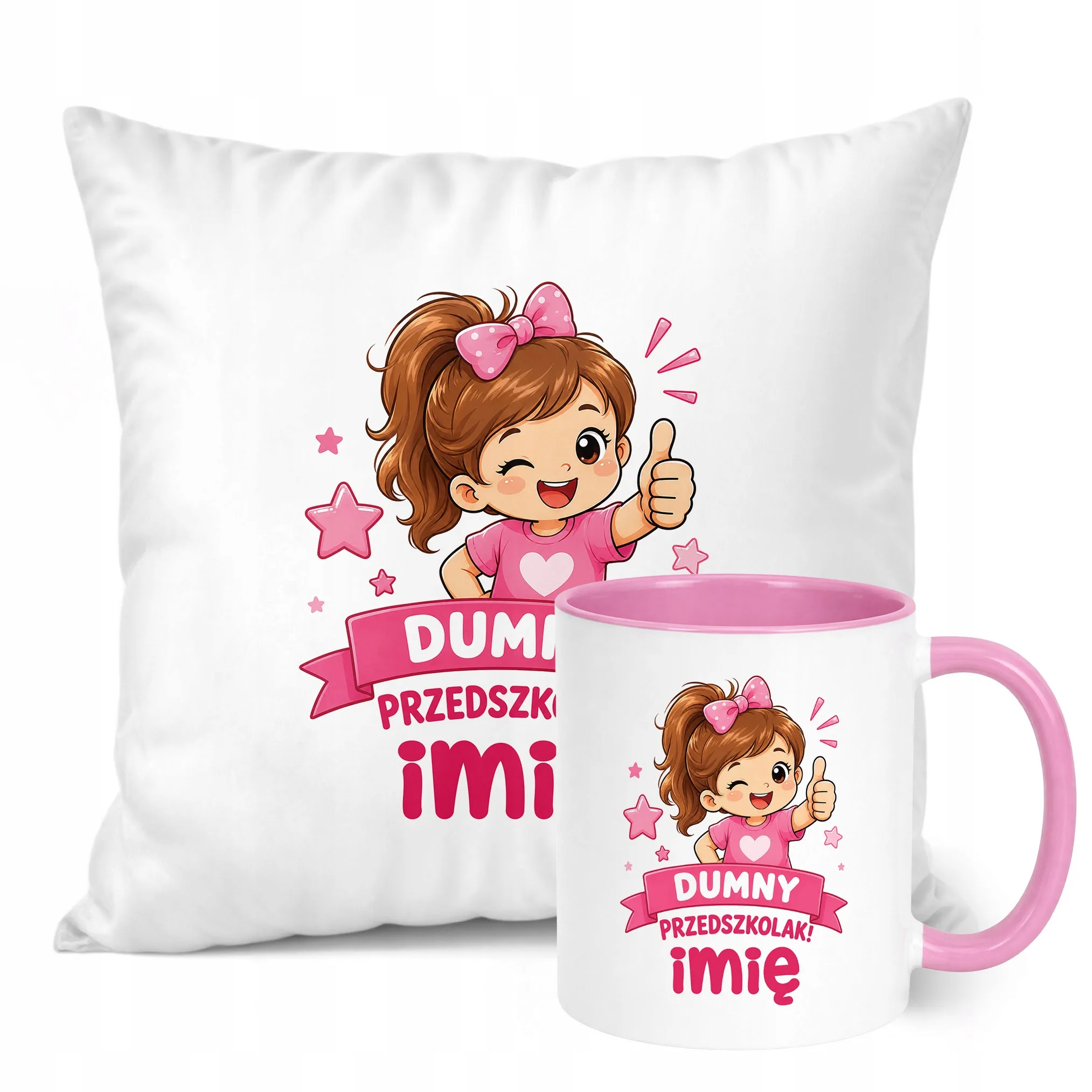 Zestaw Personalizowany Kubek Różowy Poduszka Dumny Przedszkolak