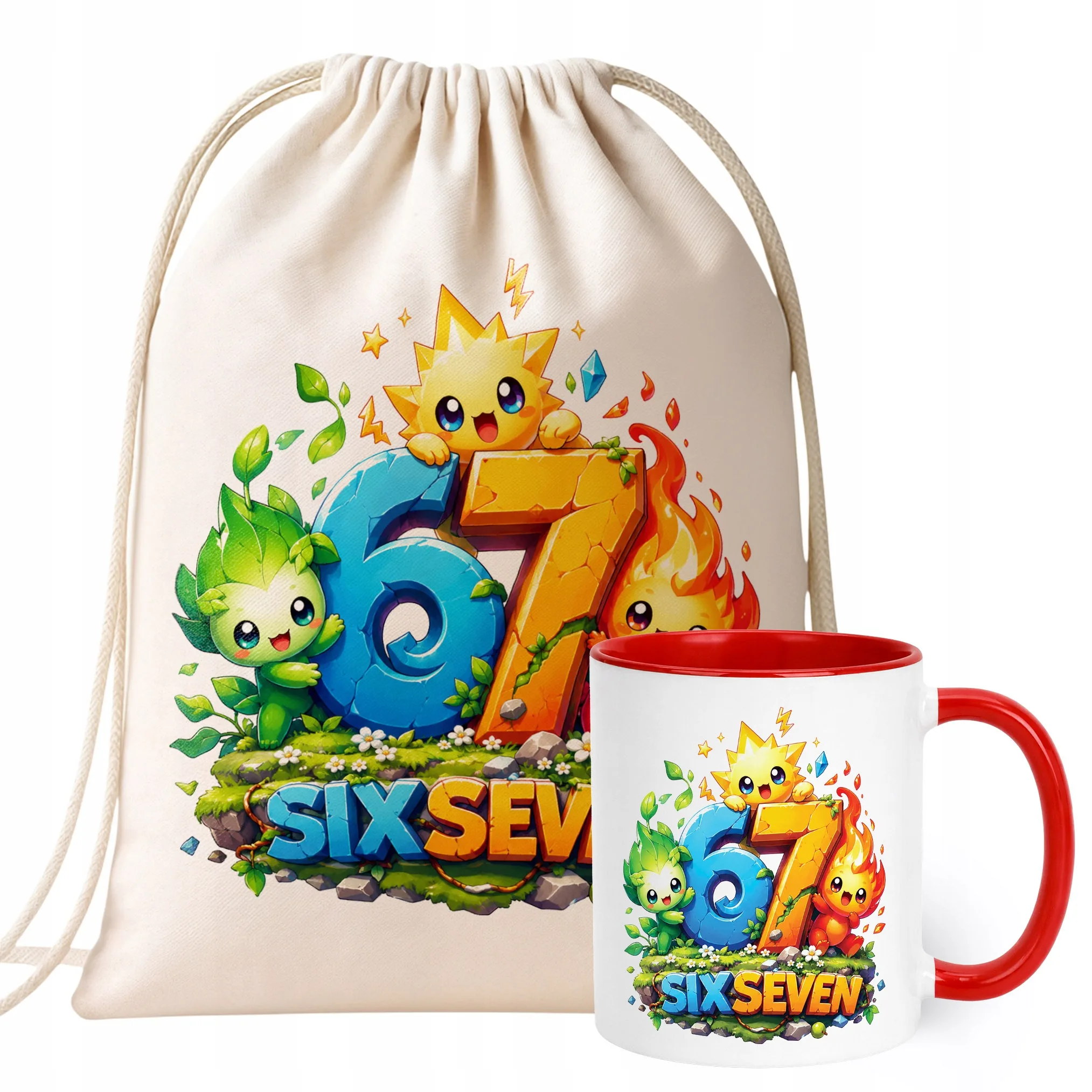 Zestaw Plecak Worek Kubek Czerwony Z Nadrukiem SIX SEVEN 67 Dla Dzieci