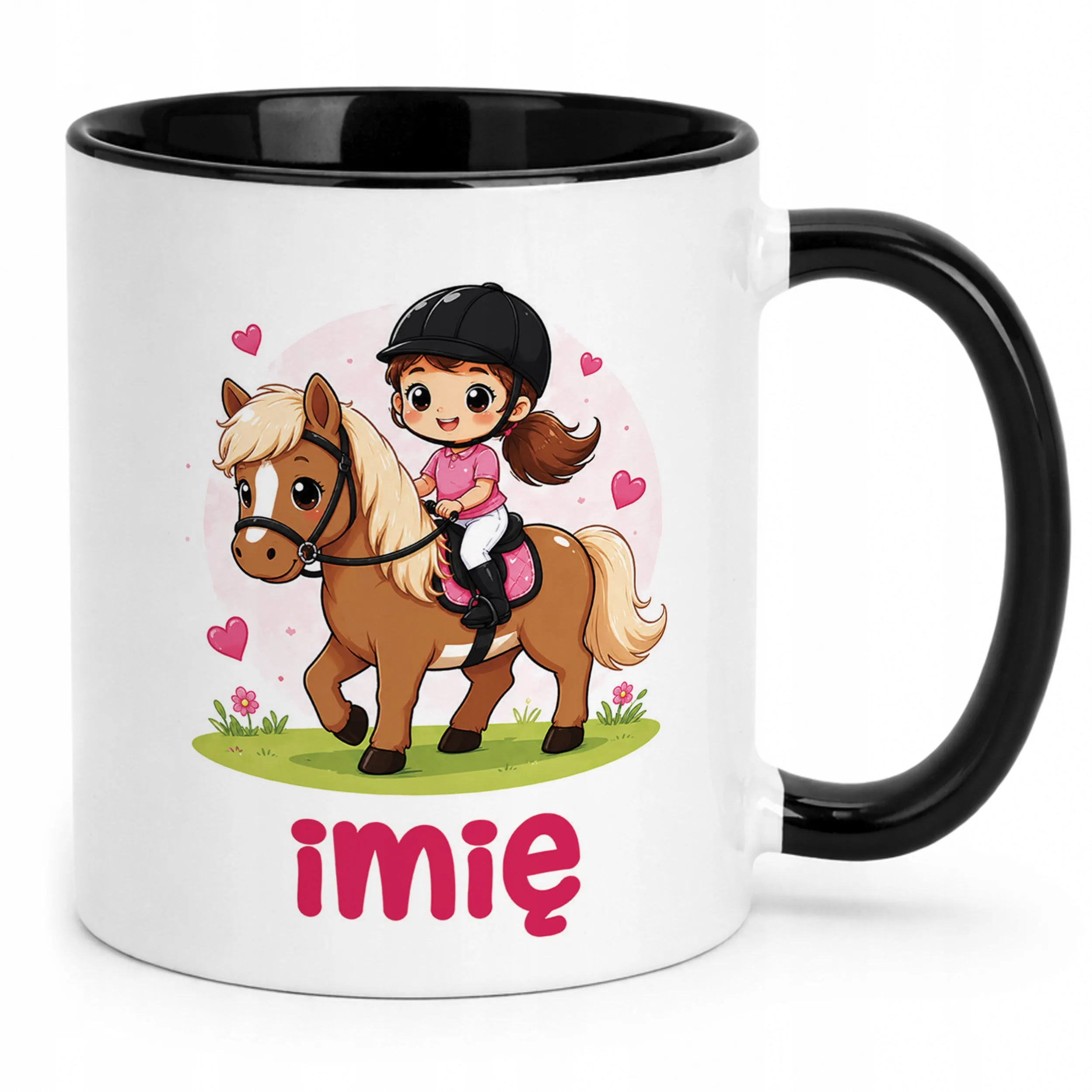 Kubek Czarny z nadrukiem personalizowany Konie Jazda Konna Dla Dzieci