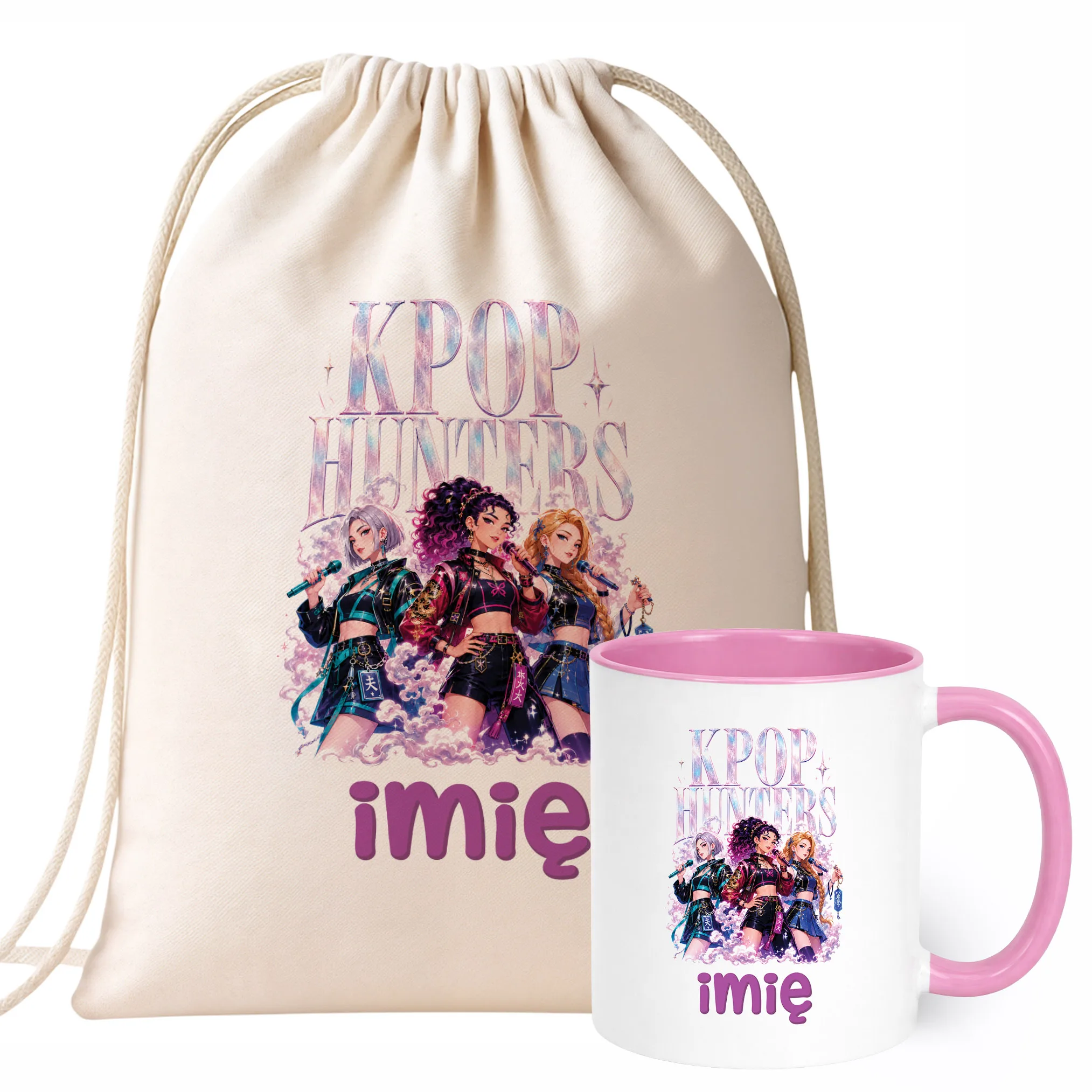 Zestaw Personalizowany Plecak Worek Kubek Różowy Łowczynie Kpop Prezent