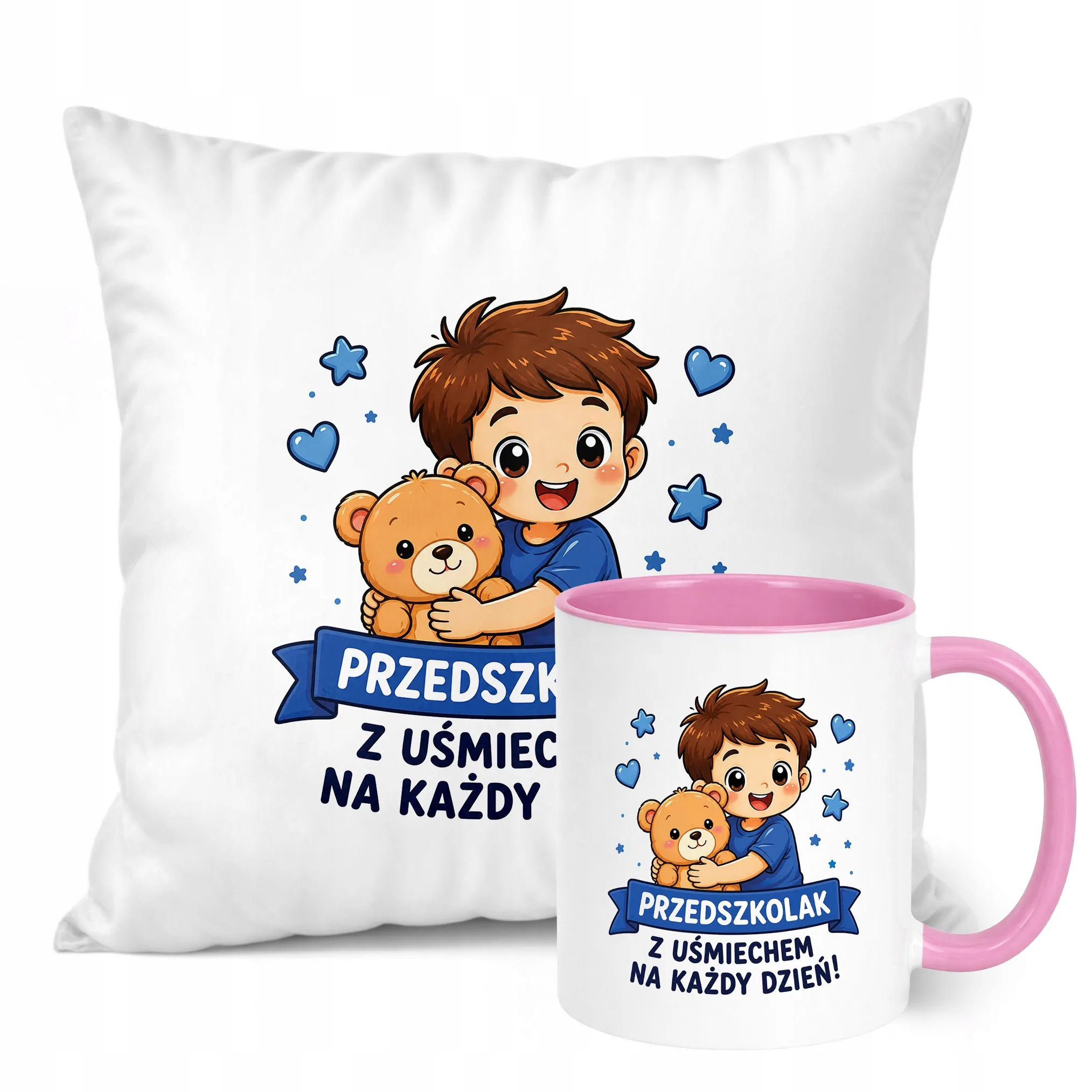 Zestaw Kubek Różowy Poduszka Z Nadrukiem Przedszkolak Szkoła Prezent