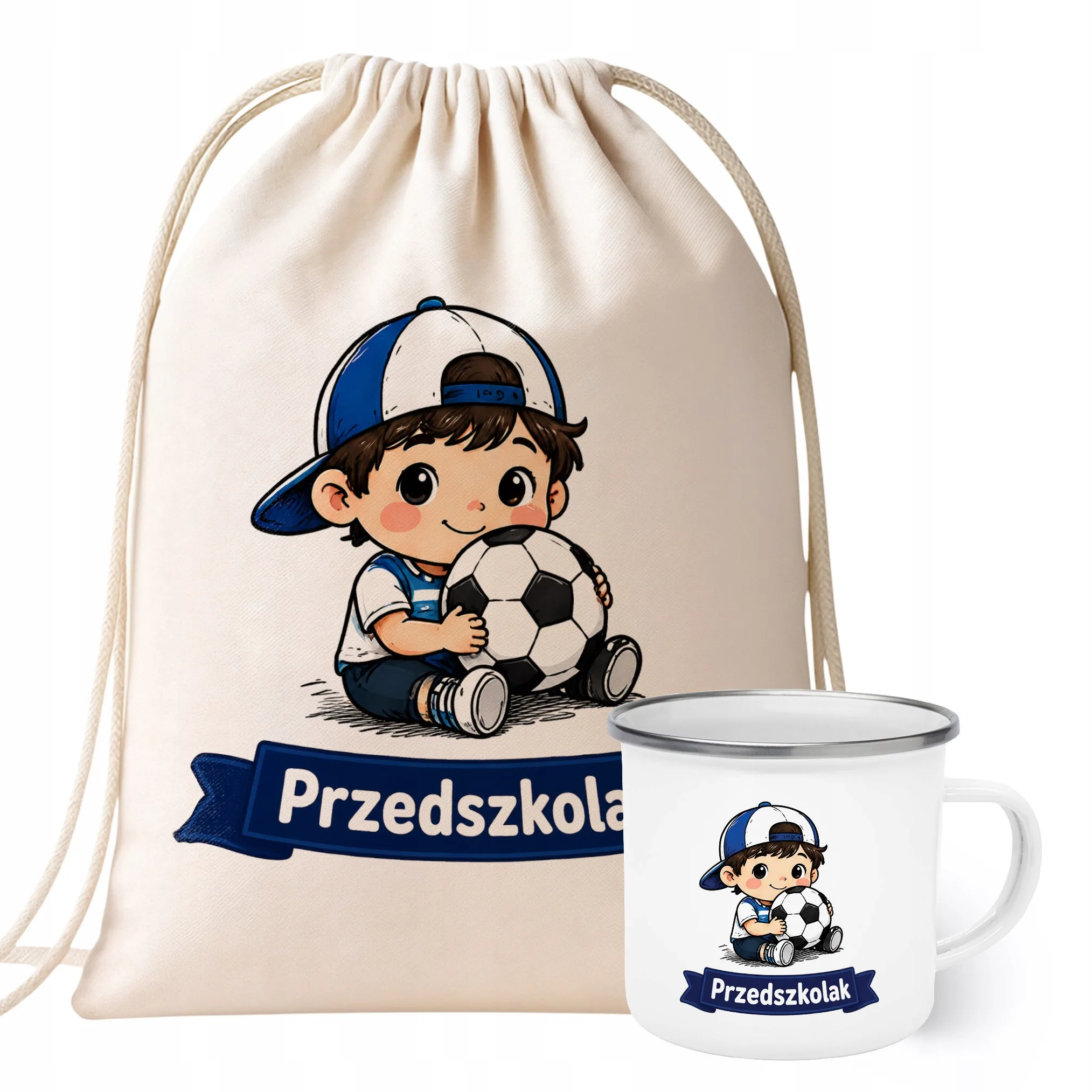Zestaw Plecak Worek Kubek Emaliowany Z Nadrukiem Przedszkolak Szkoła
