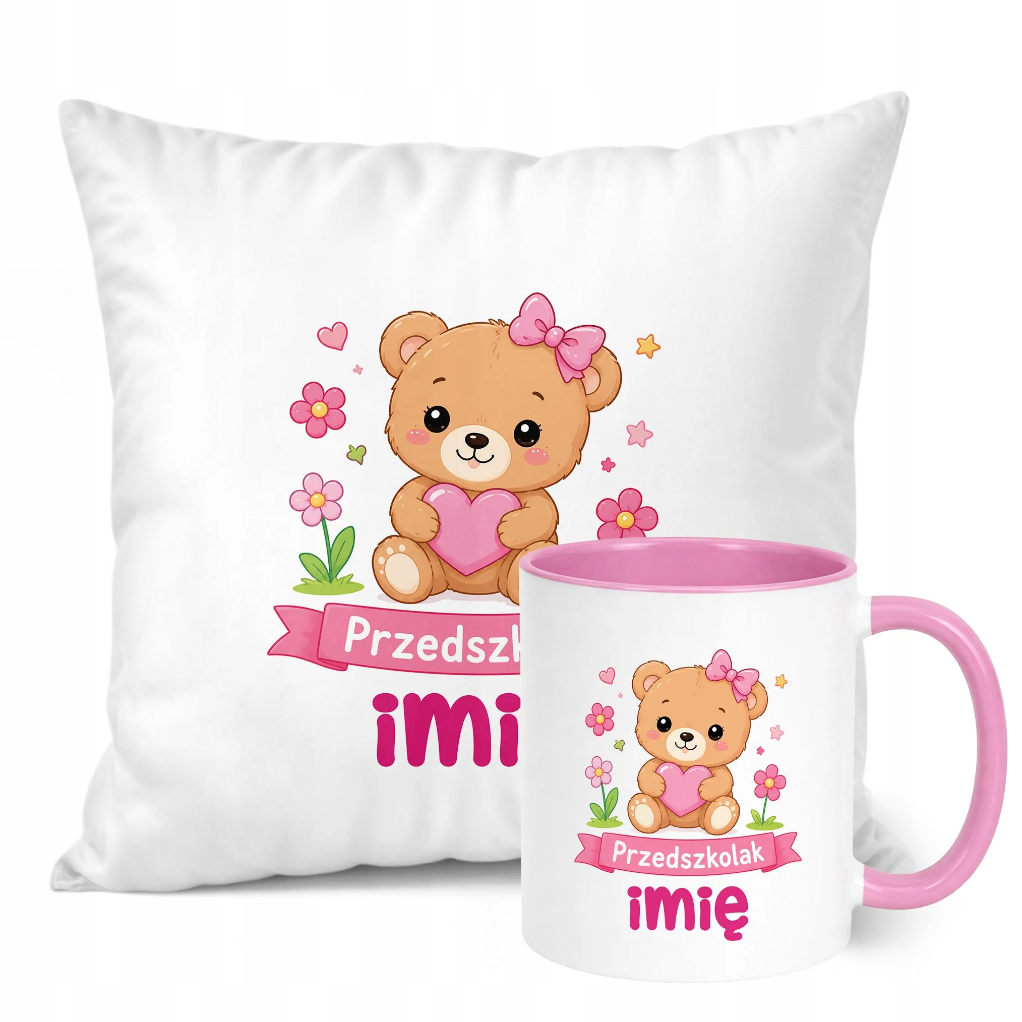 Zestaw Personalizowany Kubek Różowy Poduszka Przedszkolak Miś
