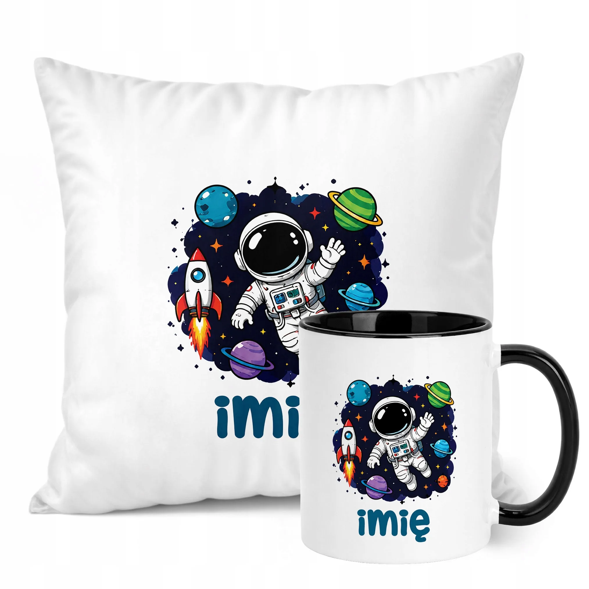 Zestaw Personalizowany Kubek Czarny Poduszka Astronauta Prezent