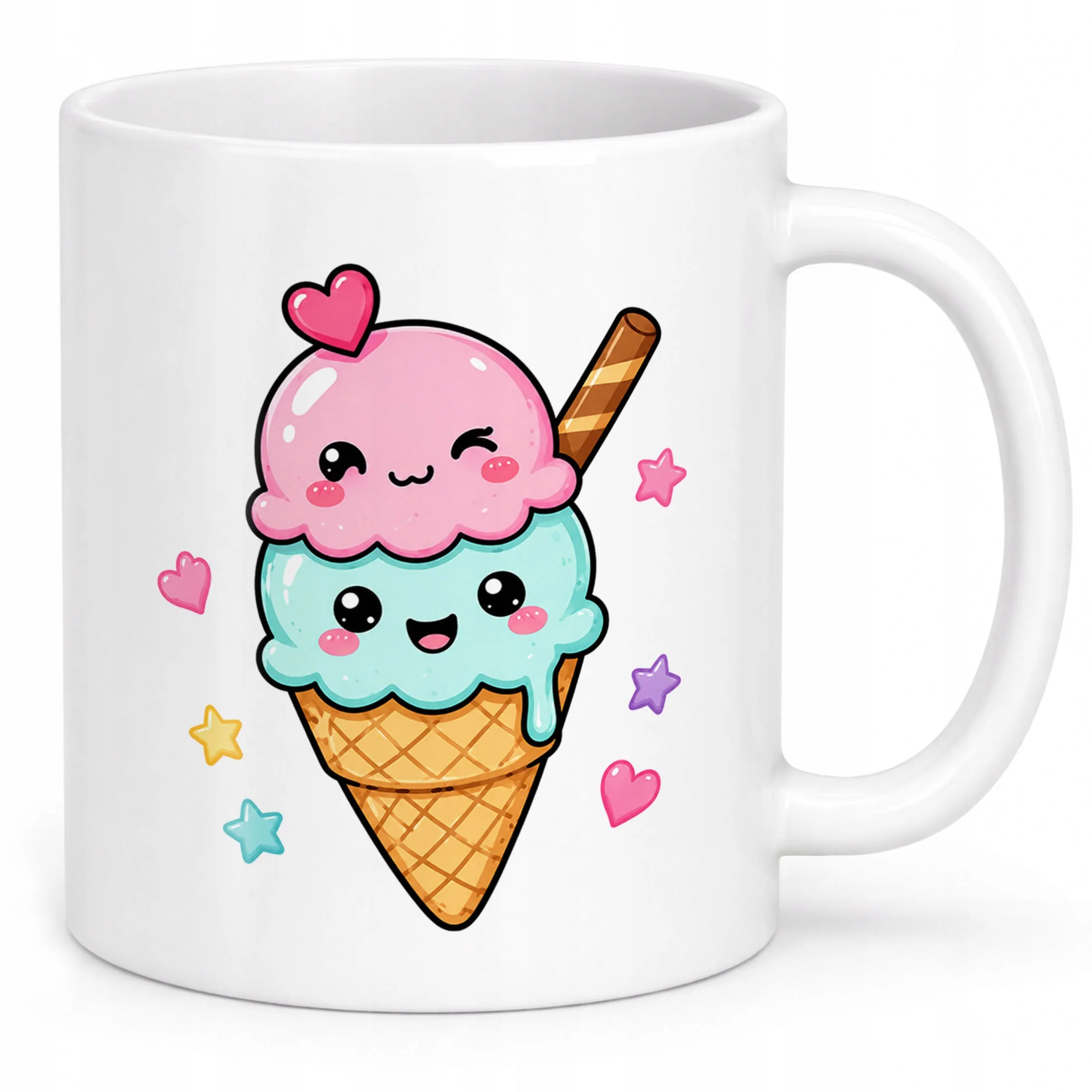 Biały Kubek z nadrukiem Kawaii Lody Dla Dzieci Prezent Upominek