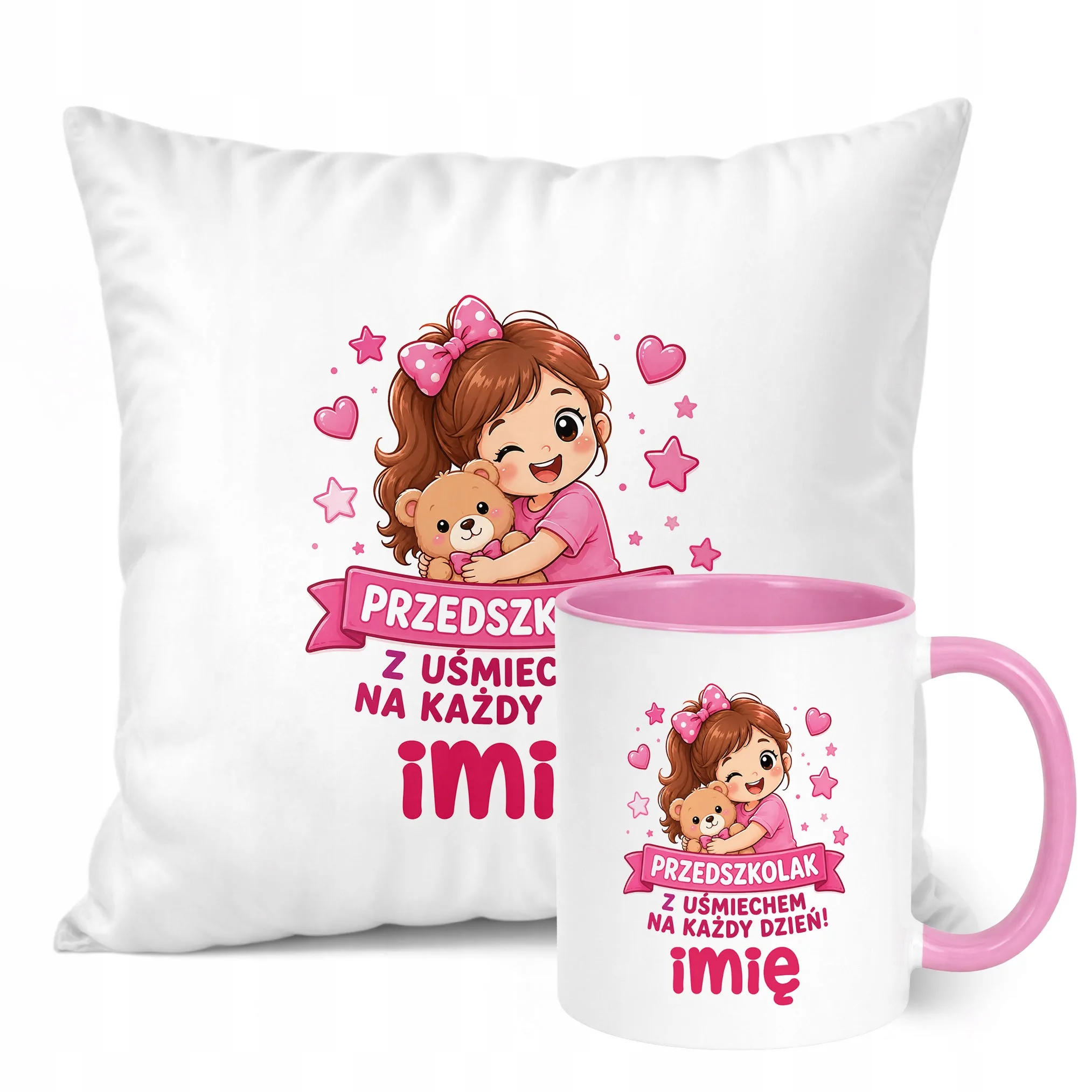 Zestaw Personalizowany Kubek Różowy Poduszka Przedszkolak Prezent