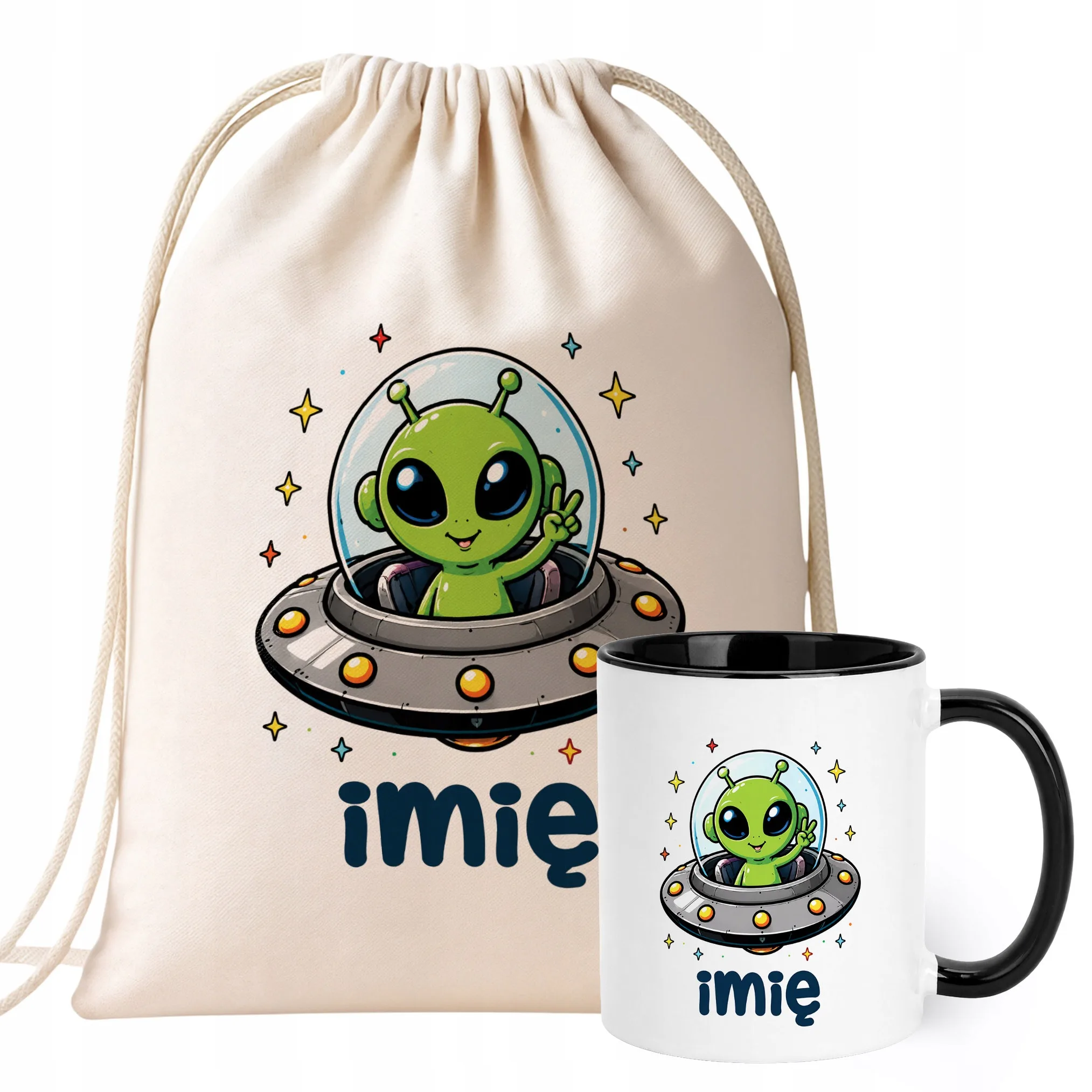 Zestaw Personalizowany Plecak Worek Kubek Czarny Kosmita UFO Prezent
