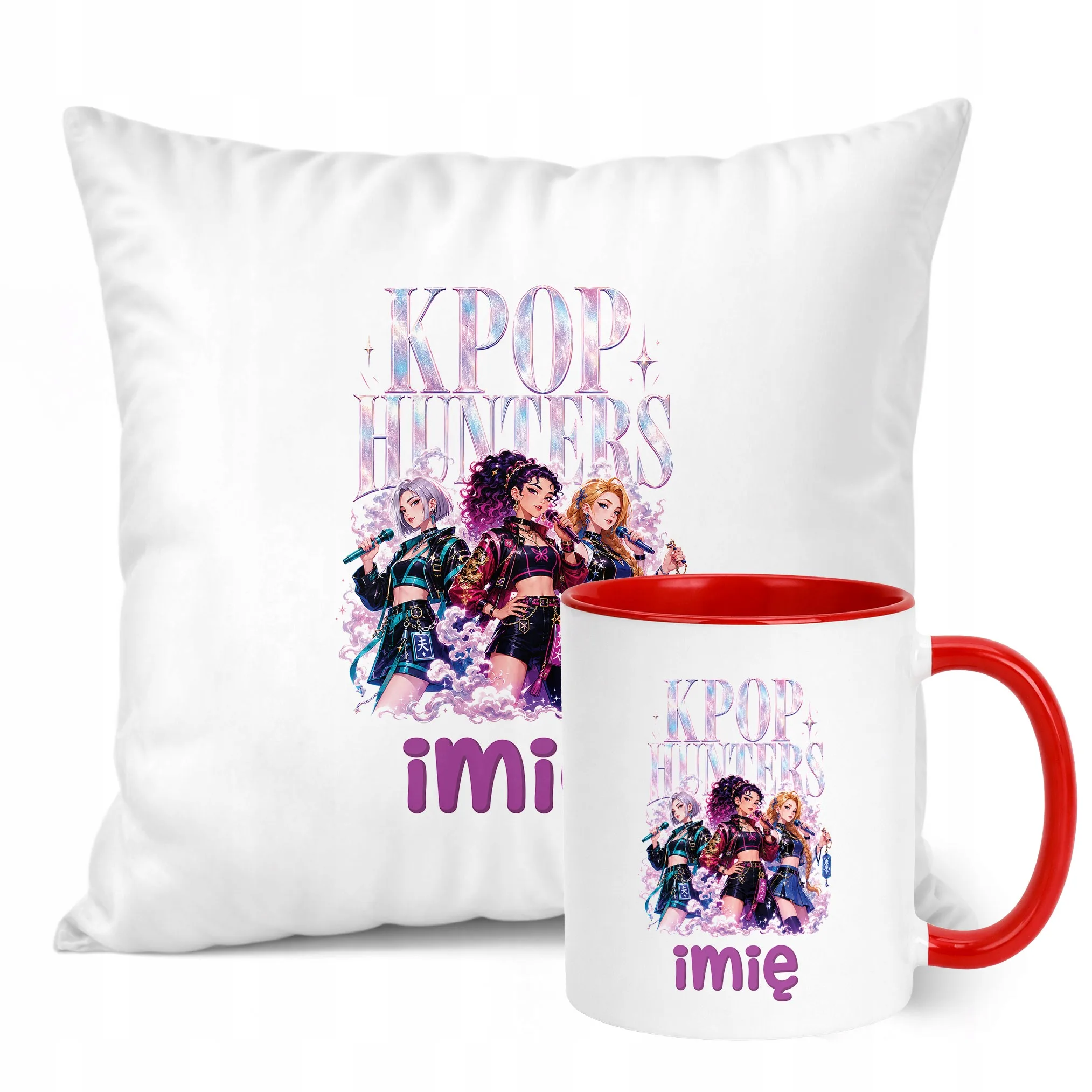 Zestaw Personalizowany Kubek Czerwony Poduszka Łowczynie Kpop Prezent