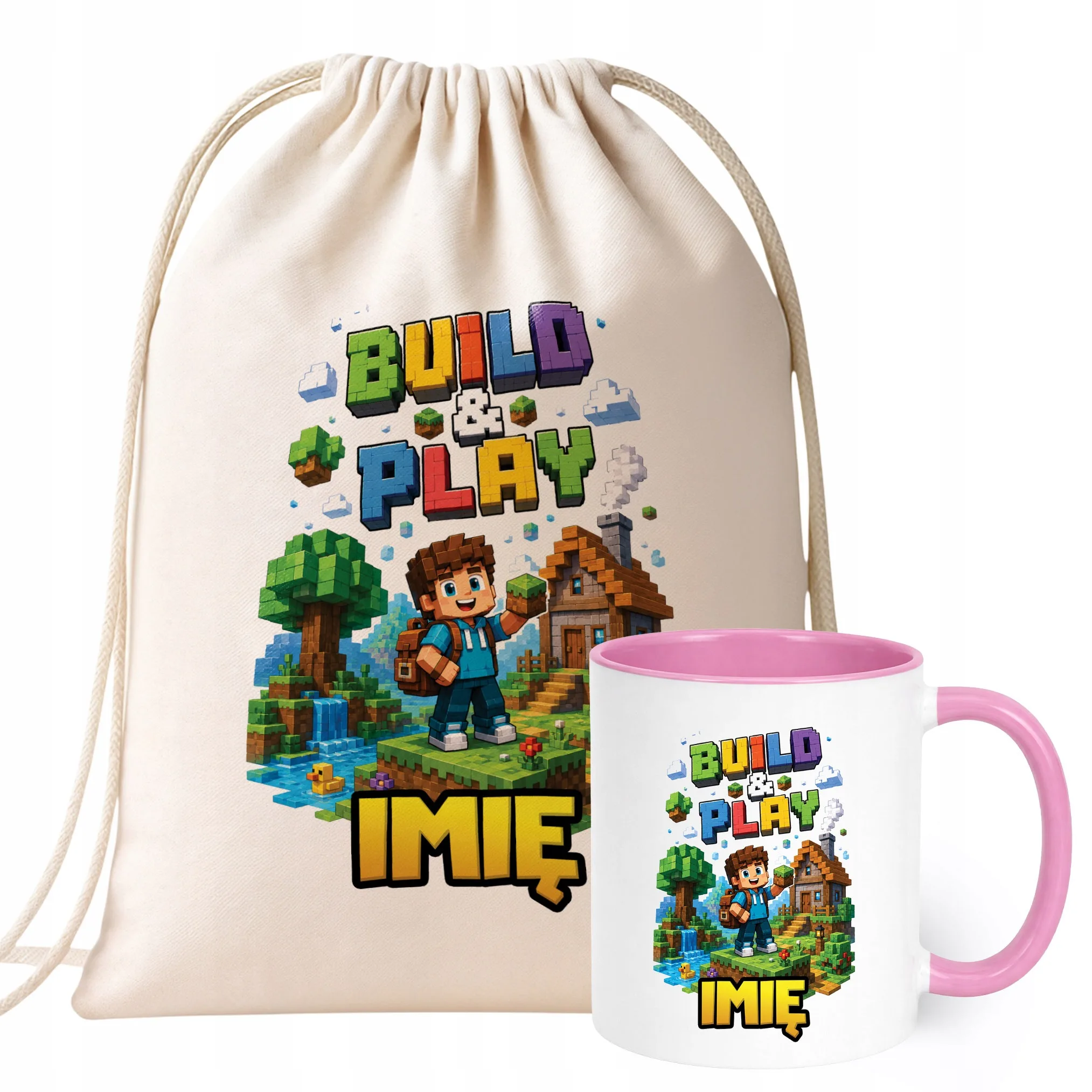 Zestaw Personalizowany Plecak Worek Kubek Różowy gra Build&Play Prezent