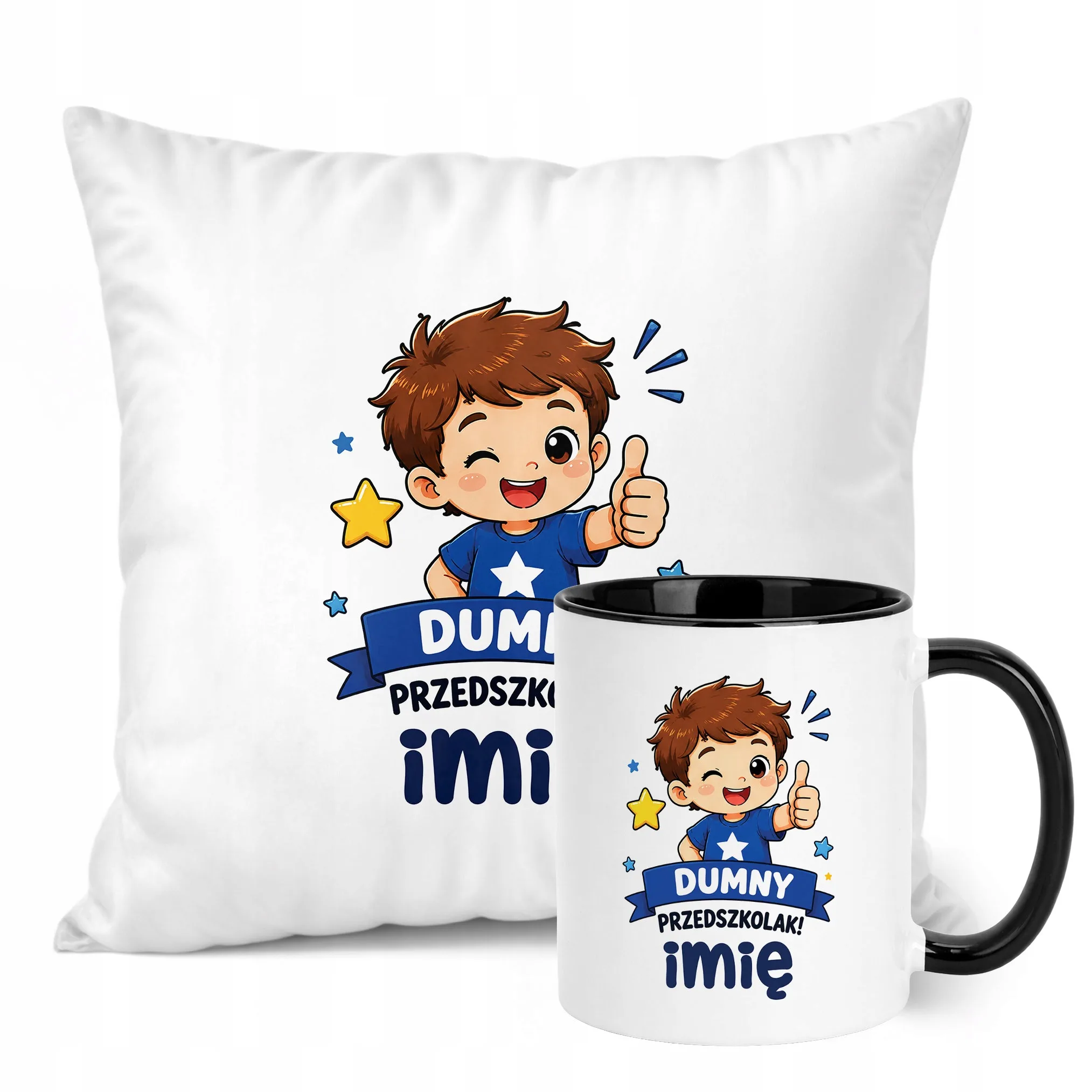Zestaw Personalizowany Kubek Czarny Poduszka Dumny Przedszkolak