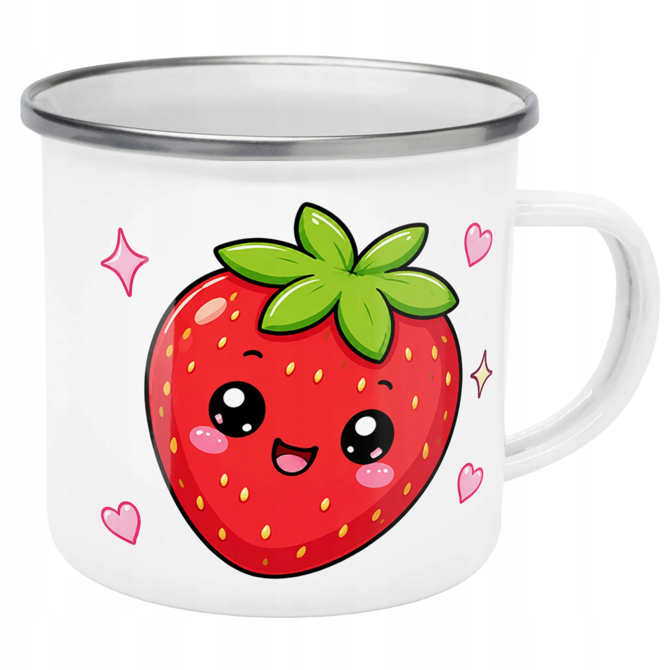 Kubek Emaliowany Kawaii Truskawka z Nadrukiem Biały Metalowy Prezent