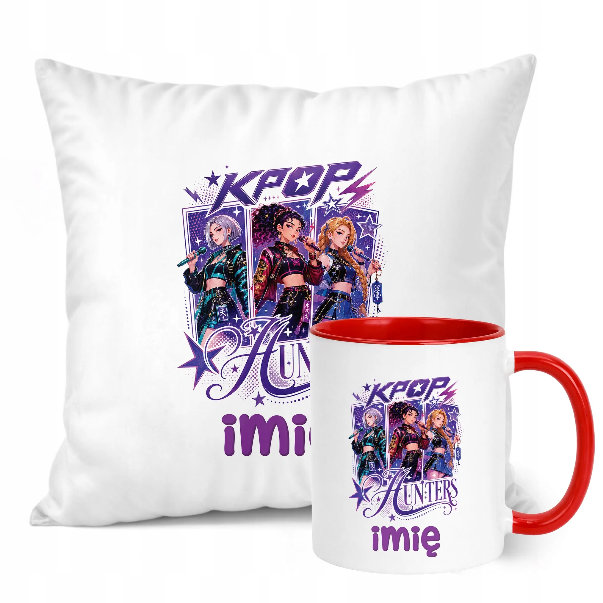 Zestaw Personalizowany Kubek Czerwony Poduszka Łowczynie Kpop Prezent