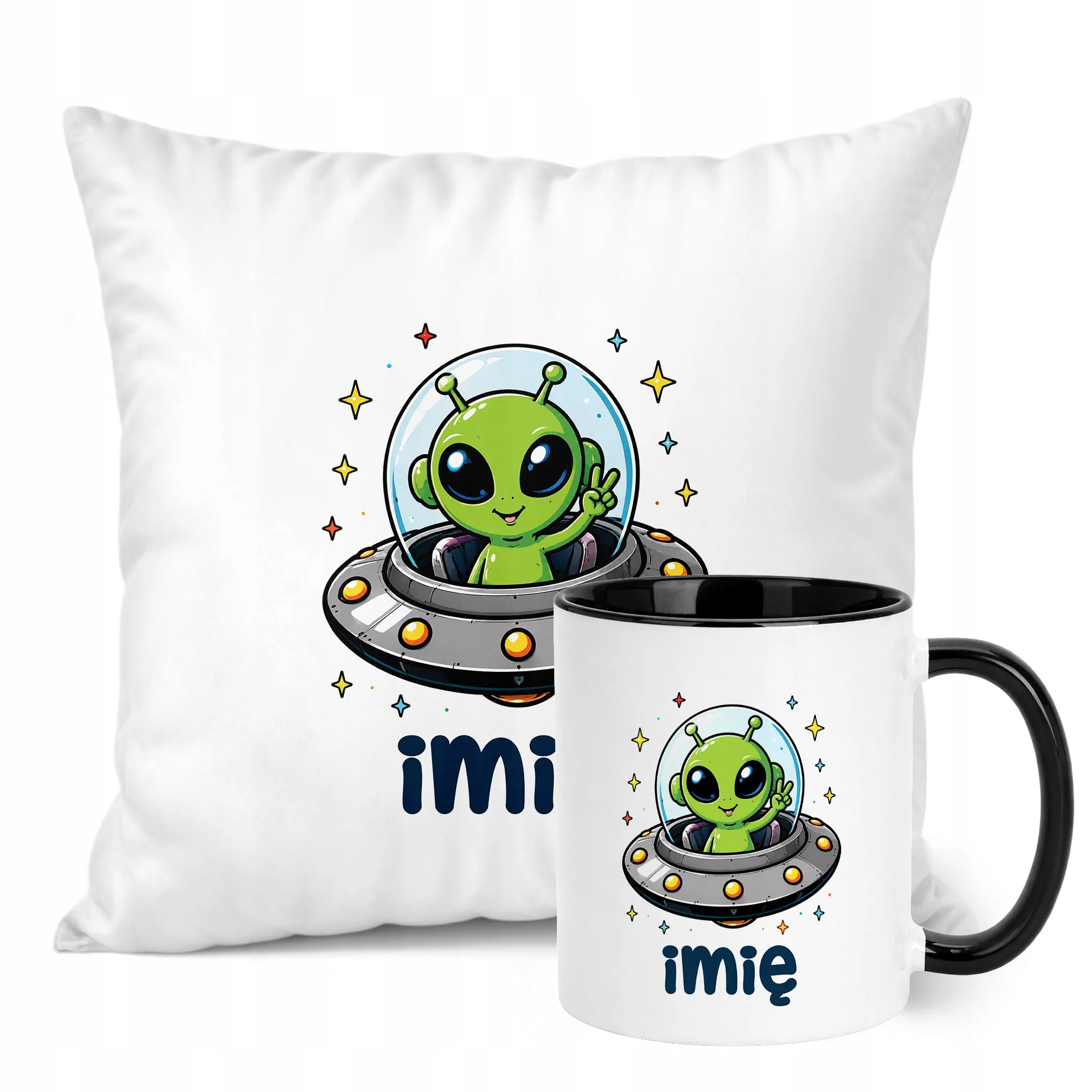 Zestaw Personalizowany Kubek Czarny Poduszka Kosmita UFO Prezent