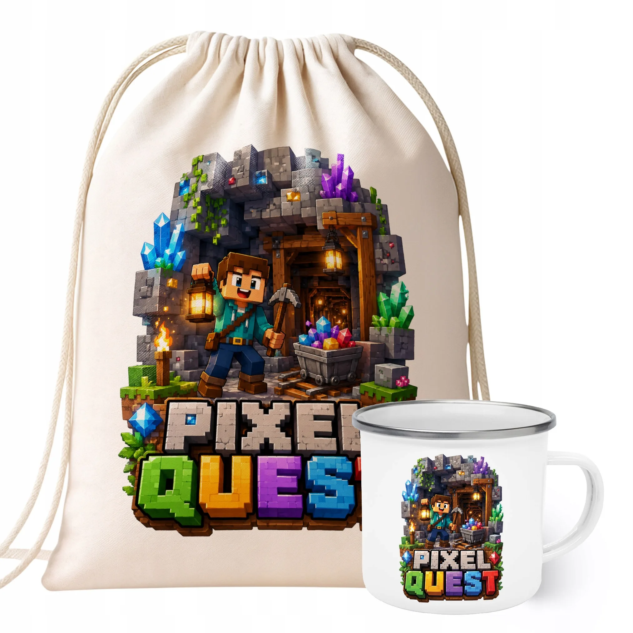 Zestaw Plecak Worek Kubek Emaliowany Z Nadrukiem PIXEL Gra Prezent