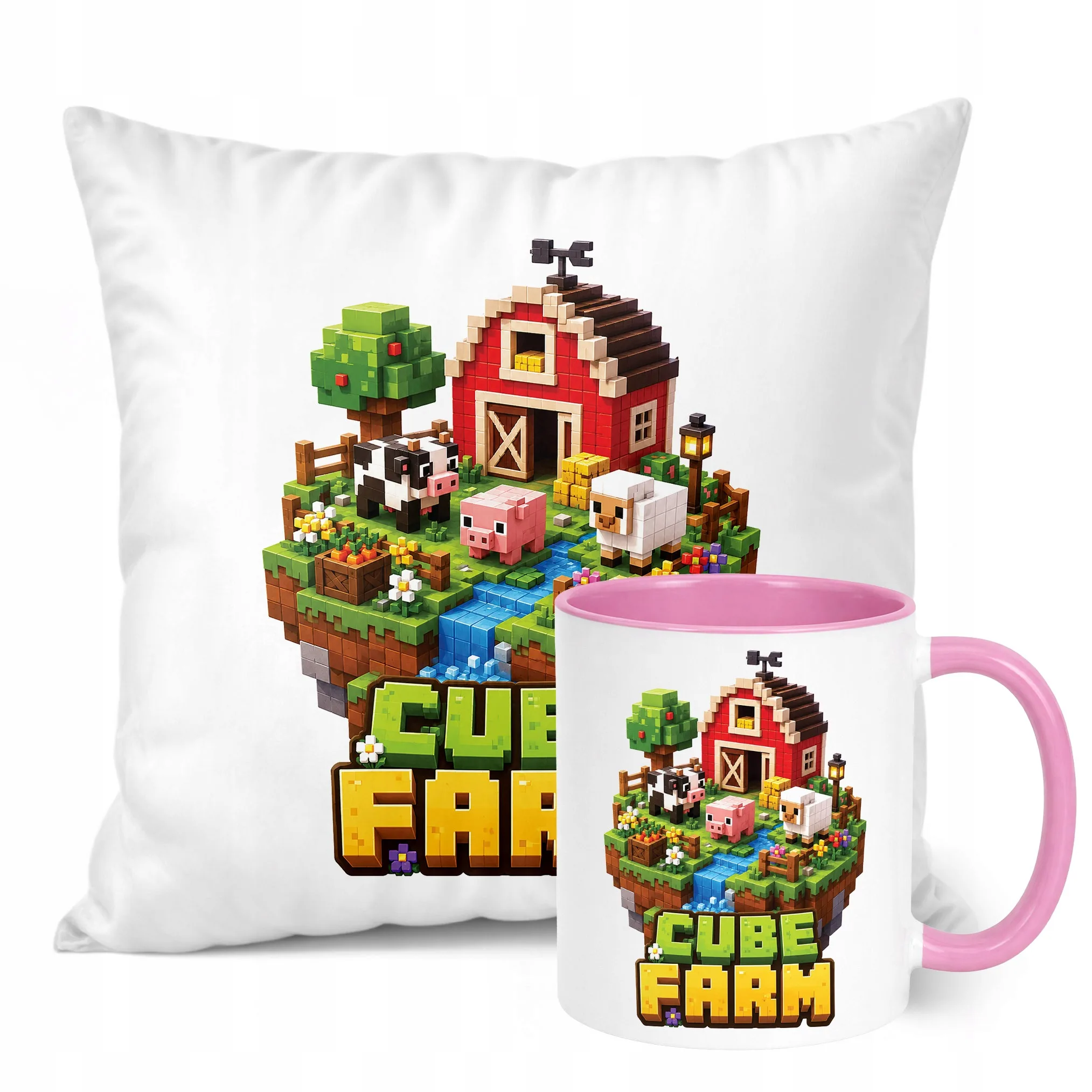 Zestaw Kubek Różowy Poduszka Z Nadrukiem CUBE FARM Prezent