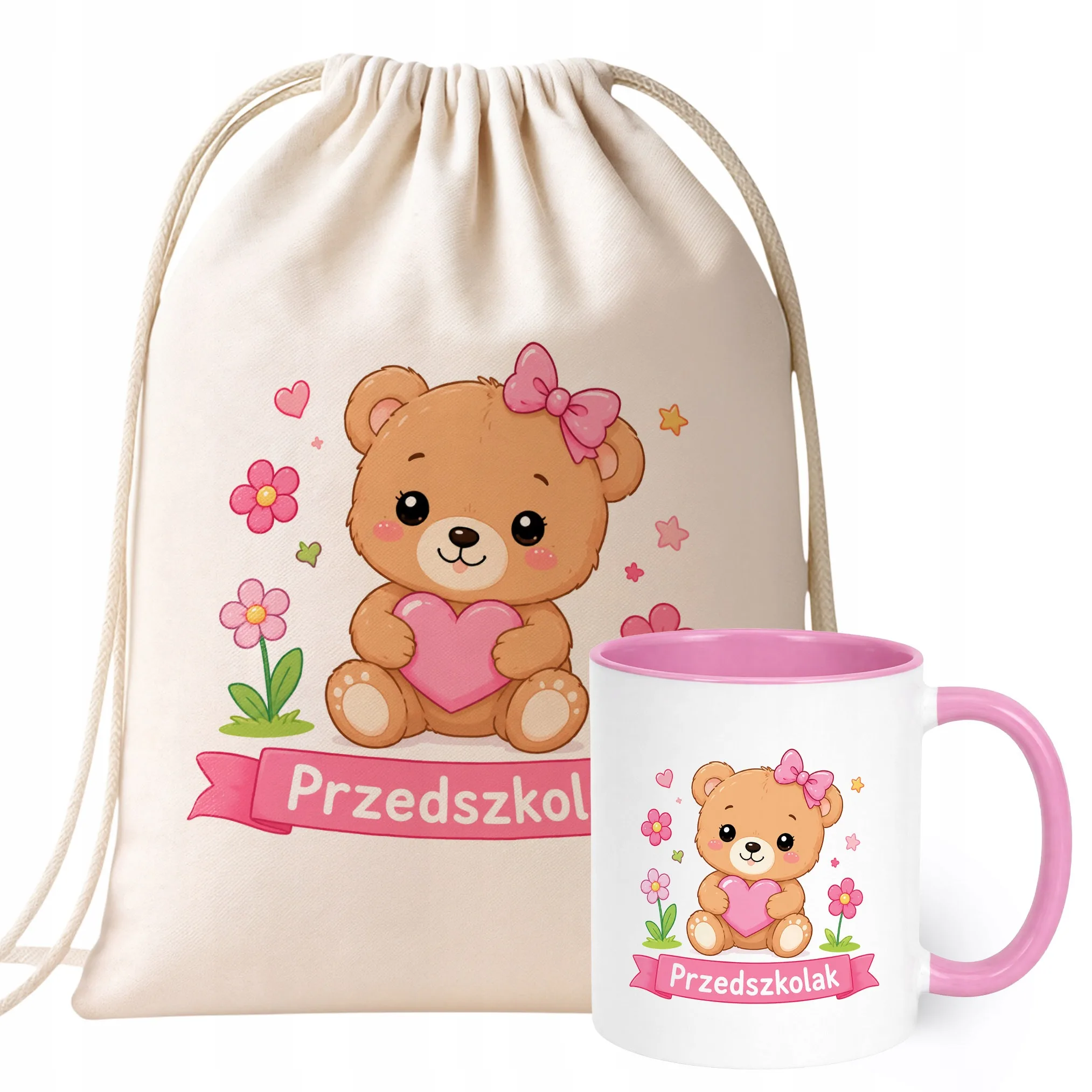 Zestaw Plecak Worek Kubek Różowy Z Nadrukiem Przedszkolak Dla Dzieci