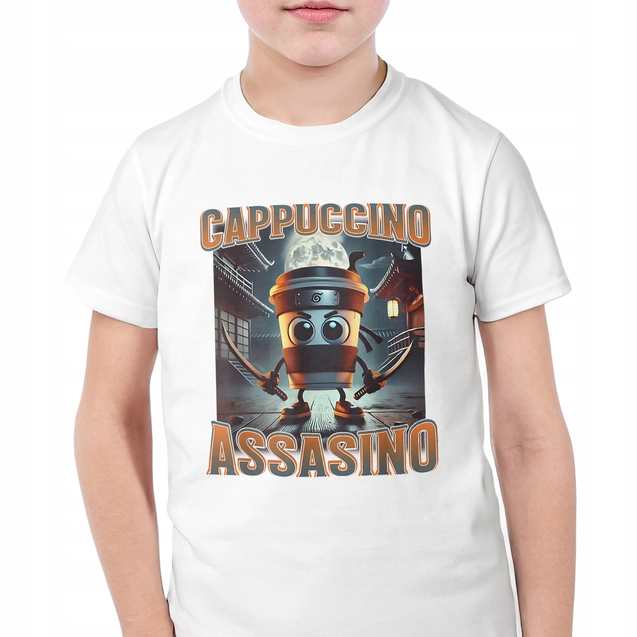 Koszulka biała dziecięca Cappuccino Assassino viral tiktok brainrot r. 116