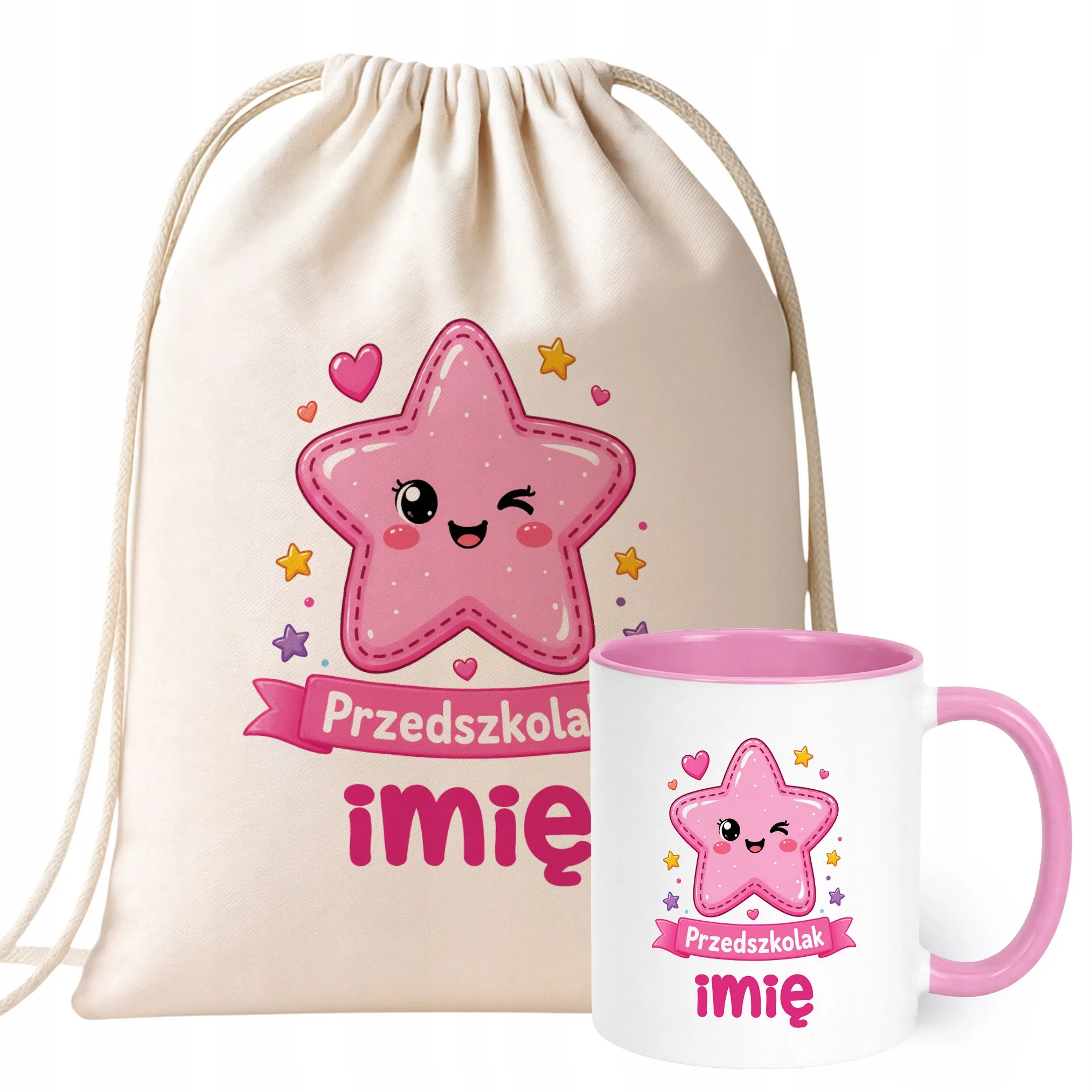 Zestaw Personalizowany Plecak Worek Kubek Różowy Przedszkolak Gwiazdka