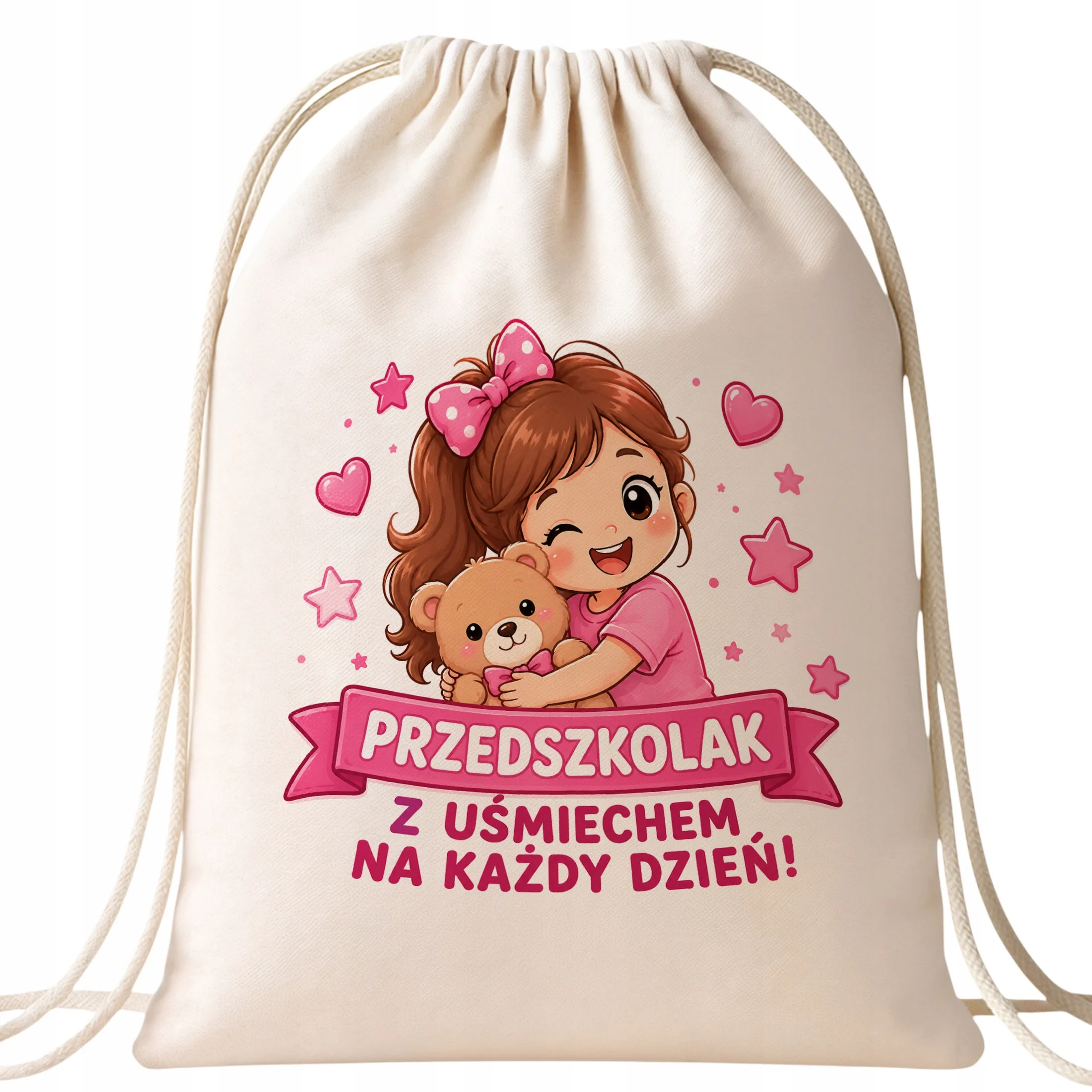 Plecak Worek Przedszkolak z Nadrukiem Bawełniany Szkolny na Buty Ecru