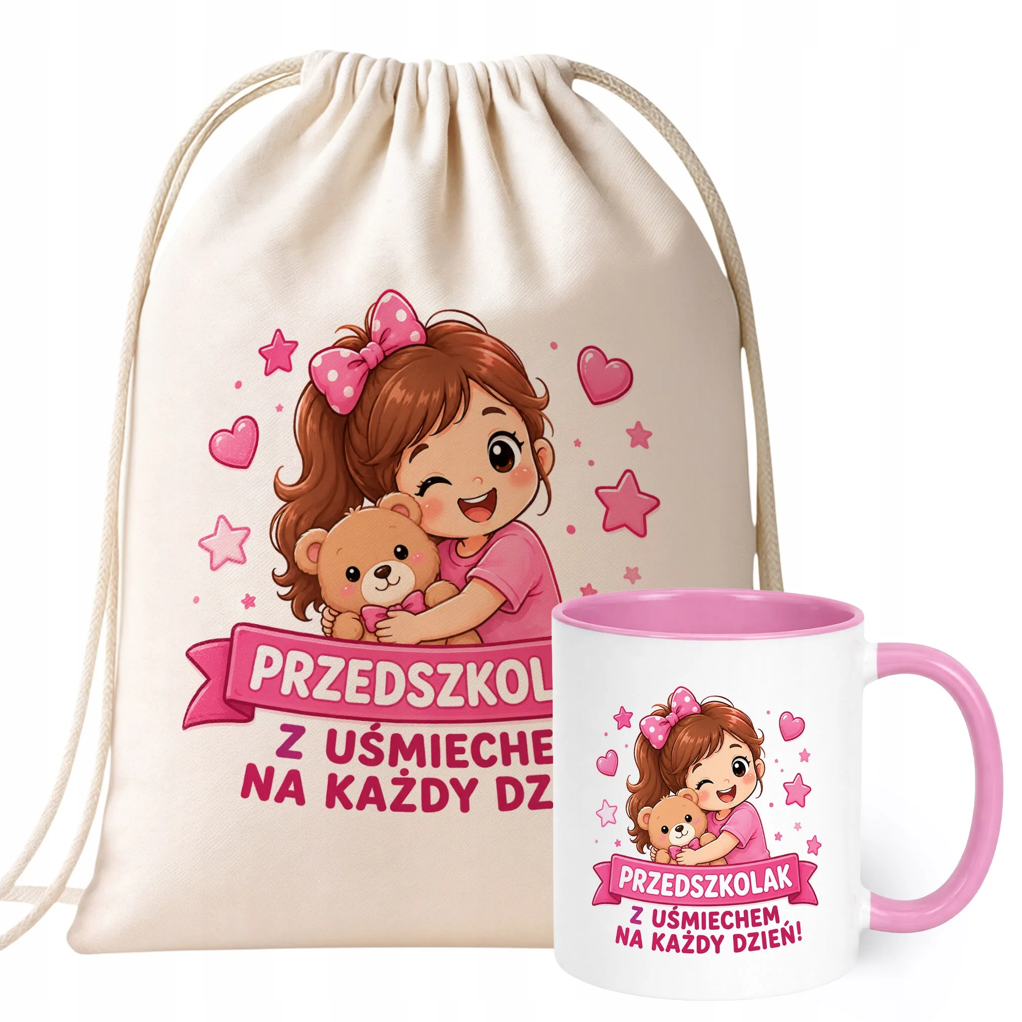 Zestaw Plecak Worek Kubek Różowy Z Nadrukiem Przedszkolak Dla Dzieci
