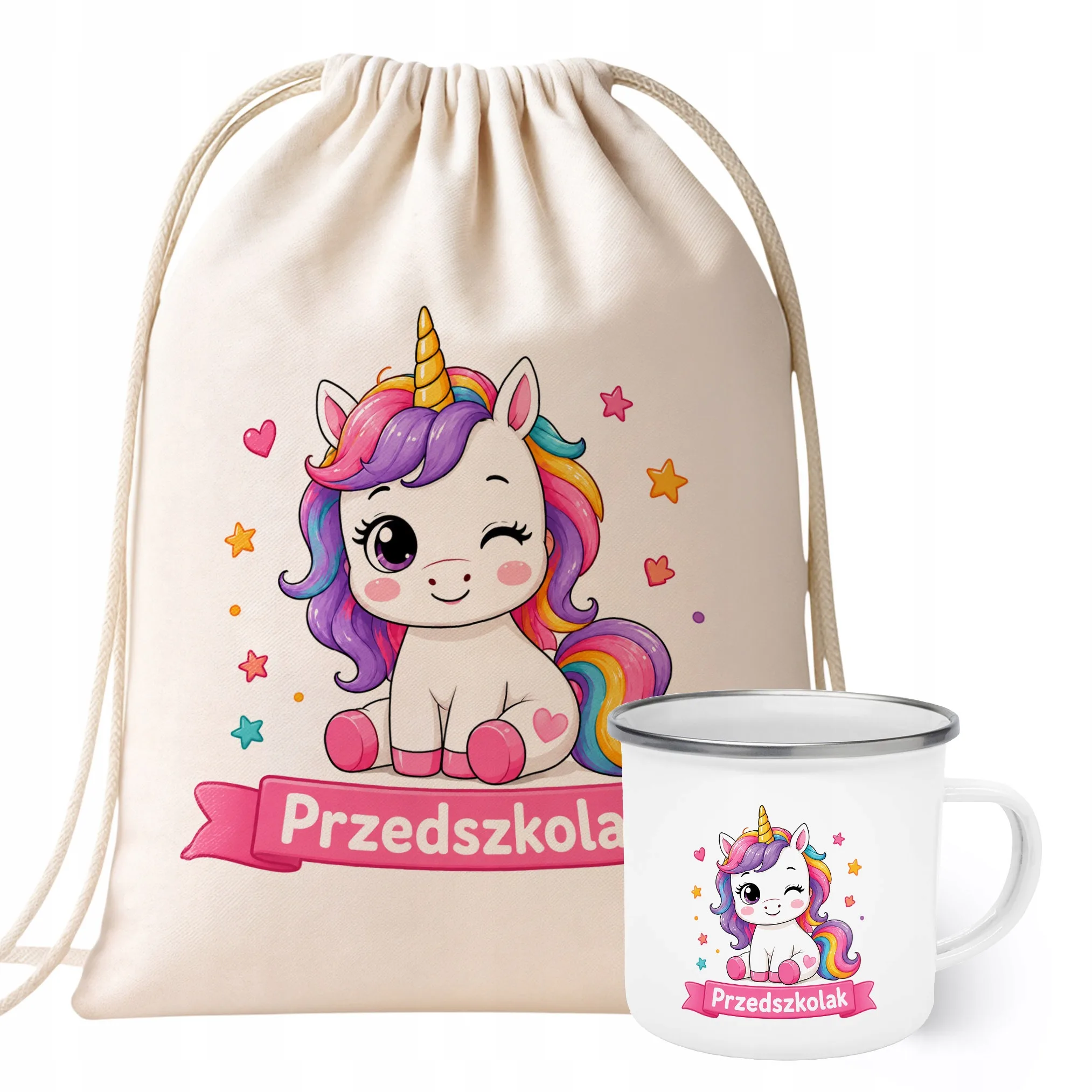 Zestaw Plecak Worek Kubek Emaliowany Z Nadrukiem Przedszkolak Szkoła