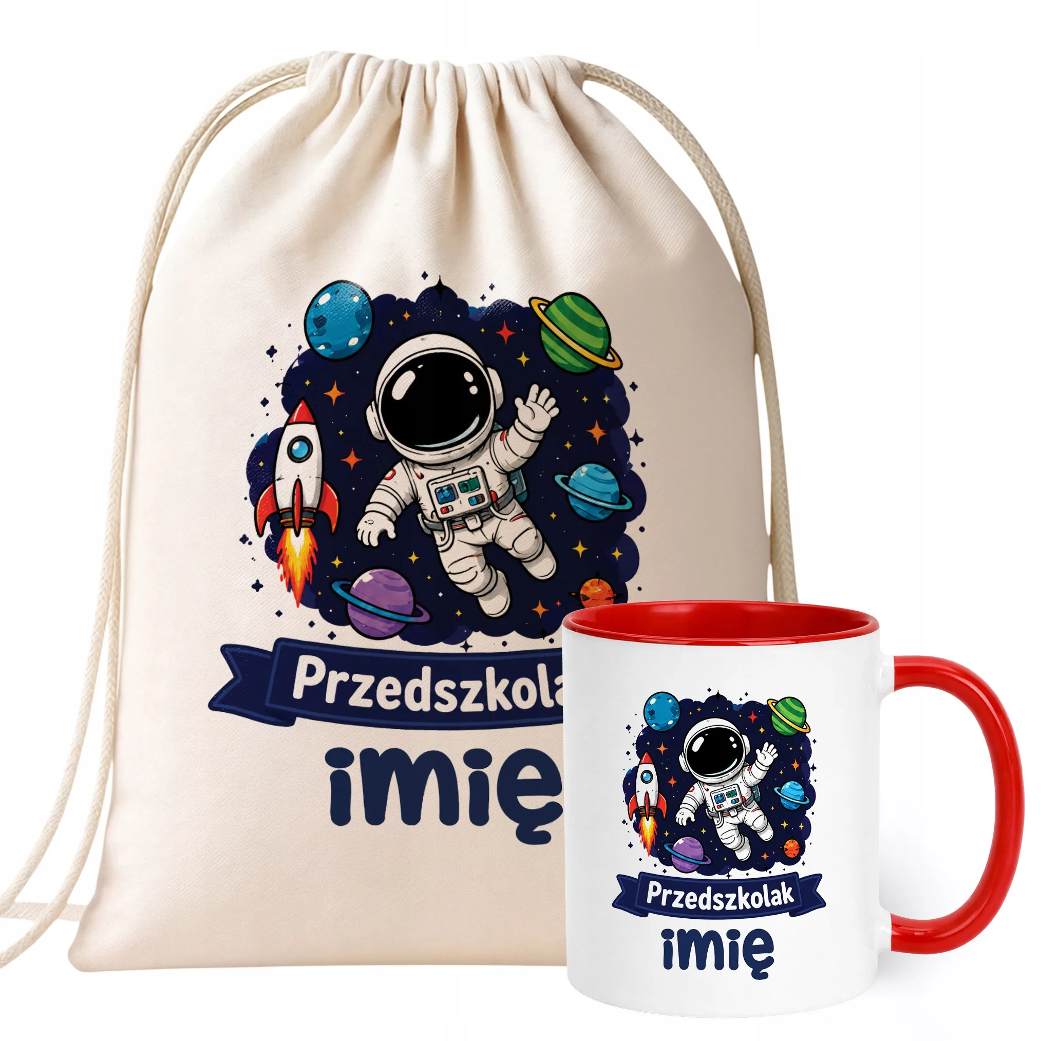 Zestaw Personalizowany Plecak Worek Kubek Czerwony Przedszkolak Astronauta