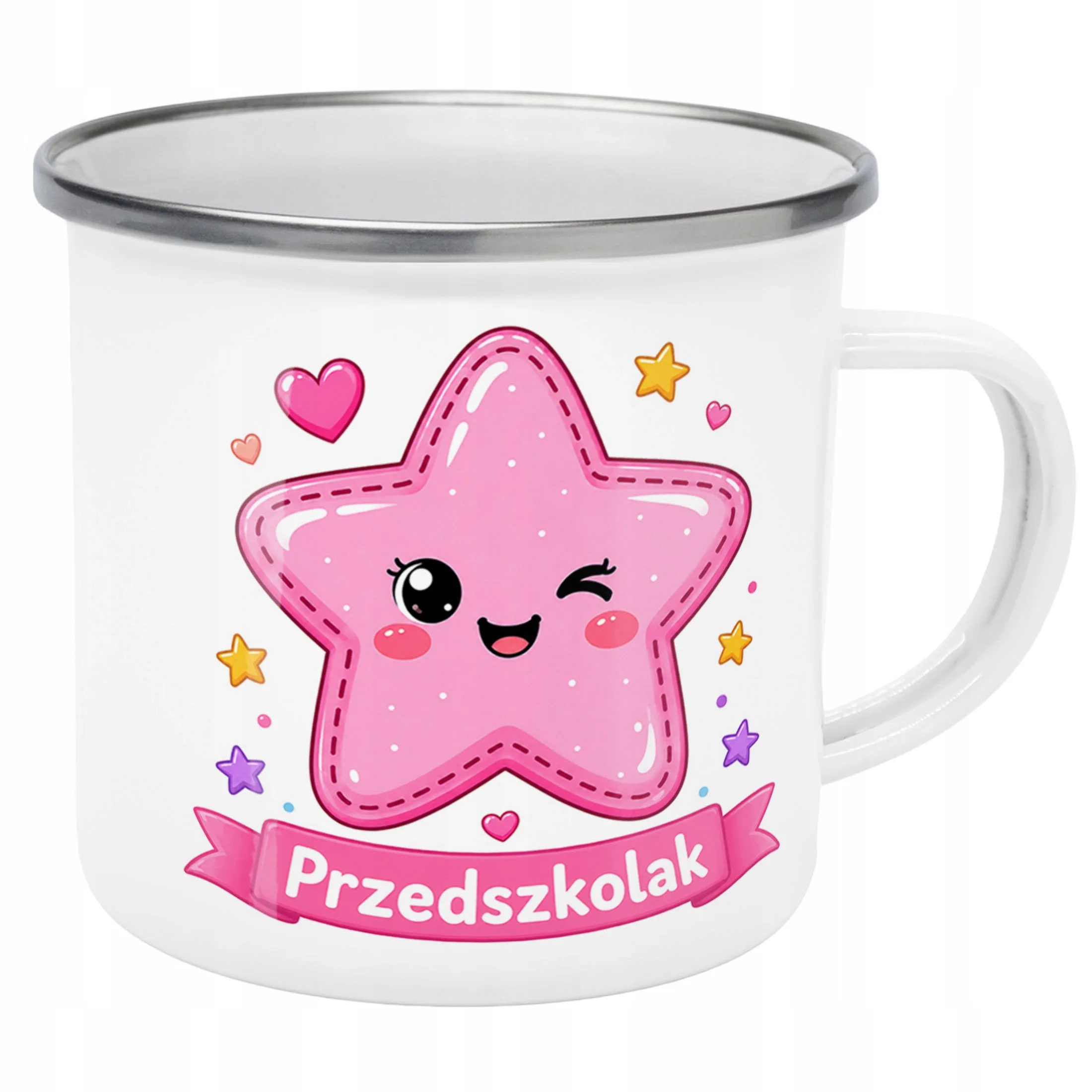 Kubek Emaliowany Przedszkolak Szkoła z Nadrukiem Biały Metalowy Prezent