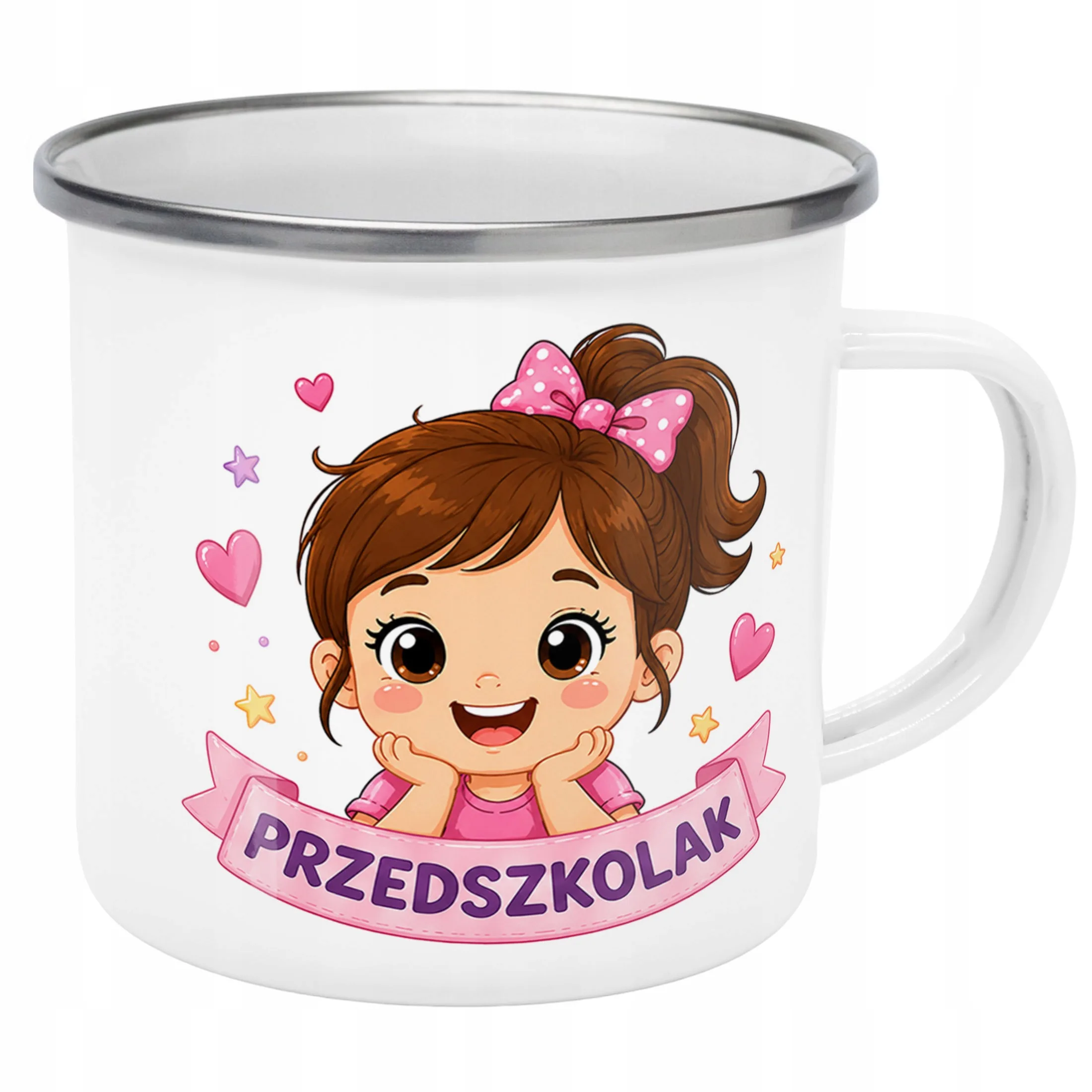 Kubek Emaliowany Przedszkolak Szkoła z Nadrukiem Biały Metalowy Prezent