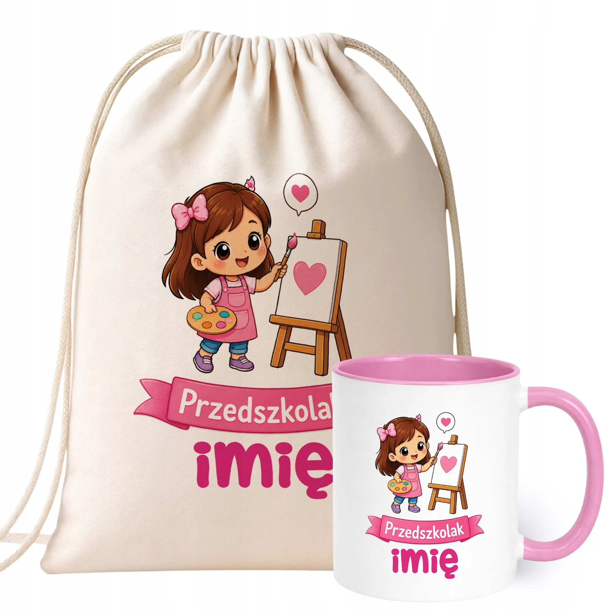 Zestaw Personalizowany Plecak Worek Kubek Różowy Przedszkolak Prezent