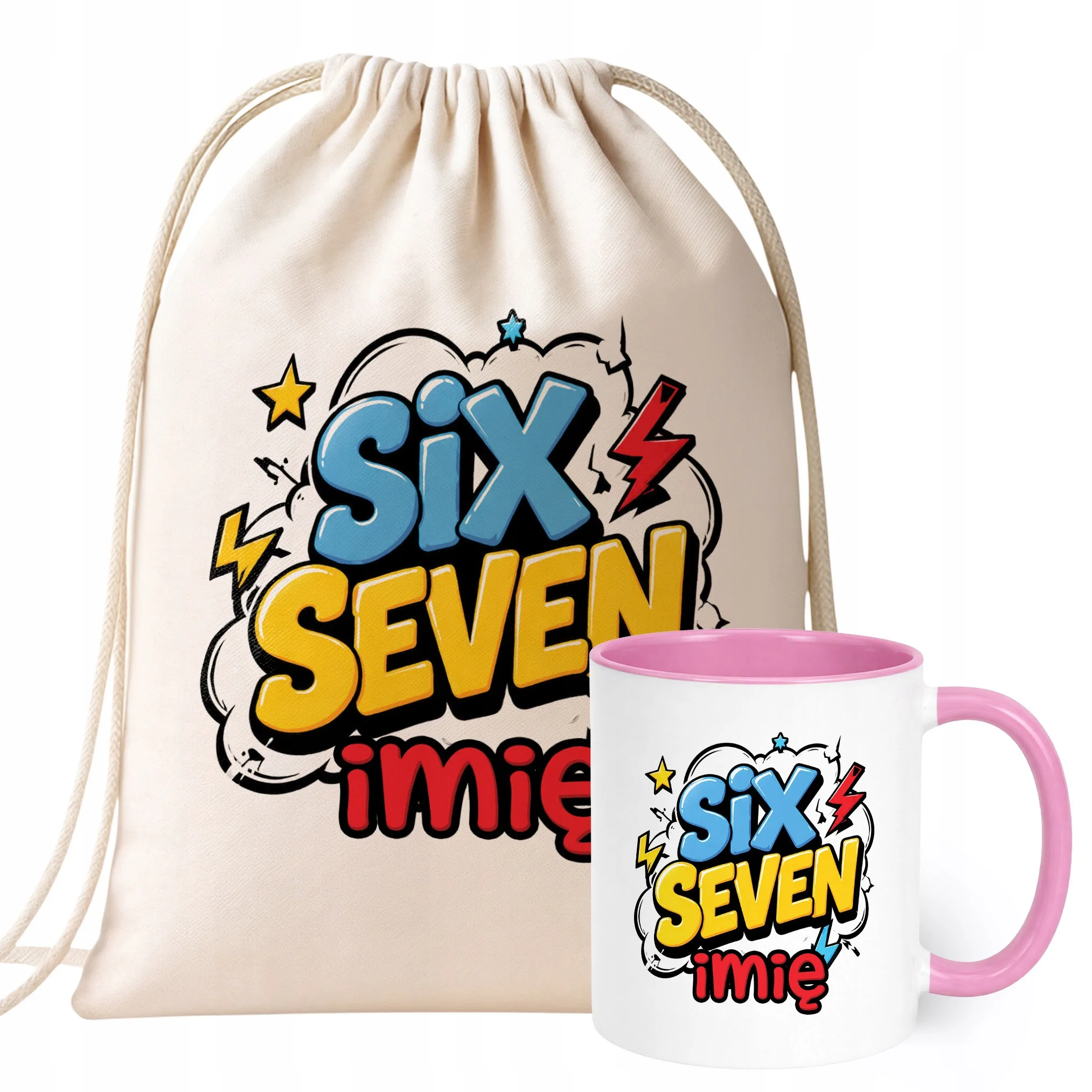 Zestaw Personalizowany Plecak Worek Kubek Różowy 67 Six Seven Prezent
